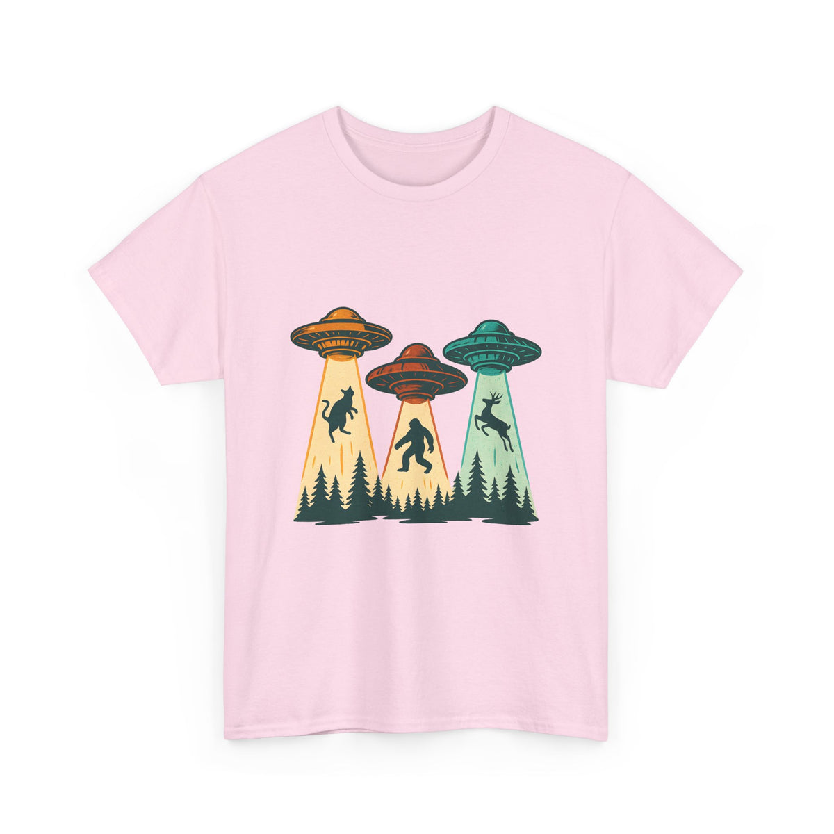 Alien Abduction UFO Tee — Retro Forest Beams T‑Shirt