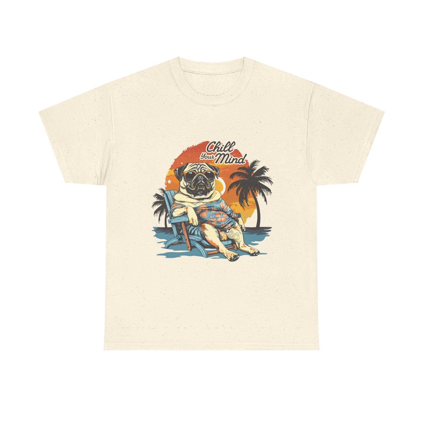 Chill Mind Pug Beach Tee — Retro Palm Sunset Vacation T‑Shirt