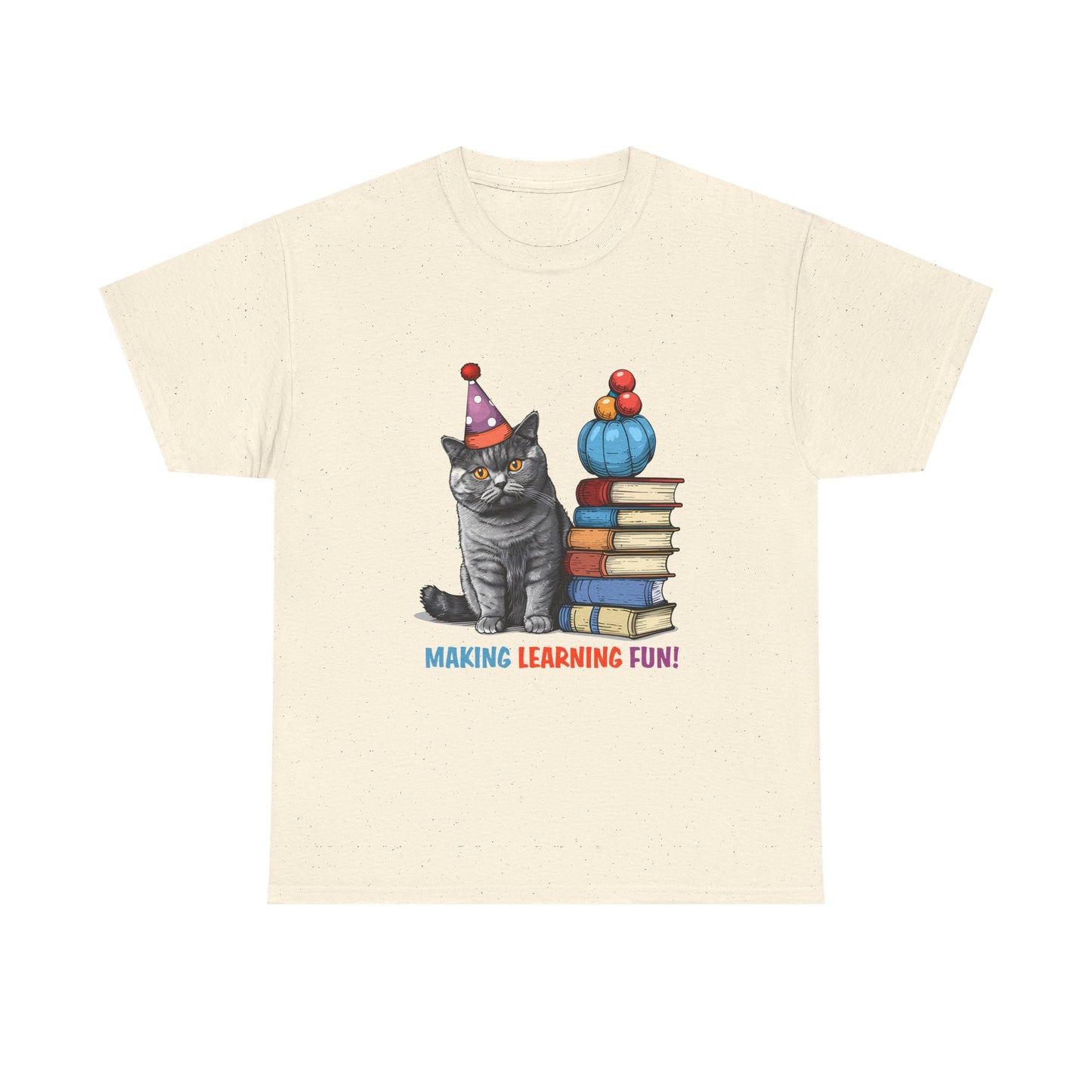 Cat Teacher T-Shirt — "Making Learning Fun!" Cute School Cat with Books Tee
