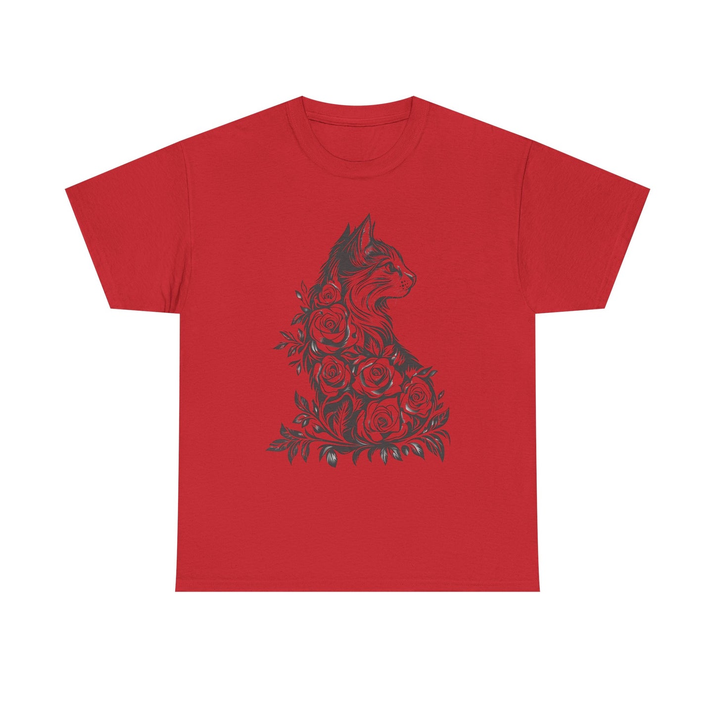 Floral Cat Tee — Vintage Black & White Cat with Roses T-Shirt
