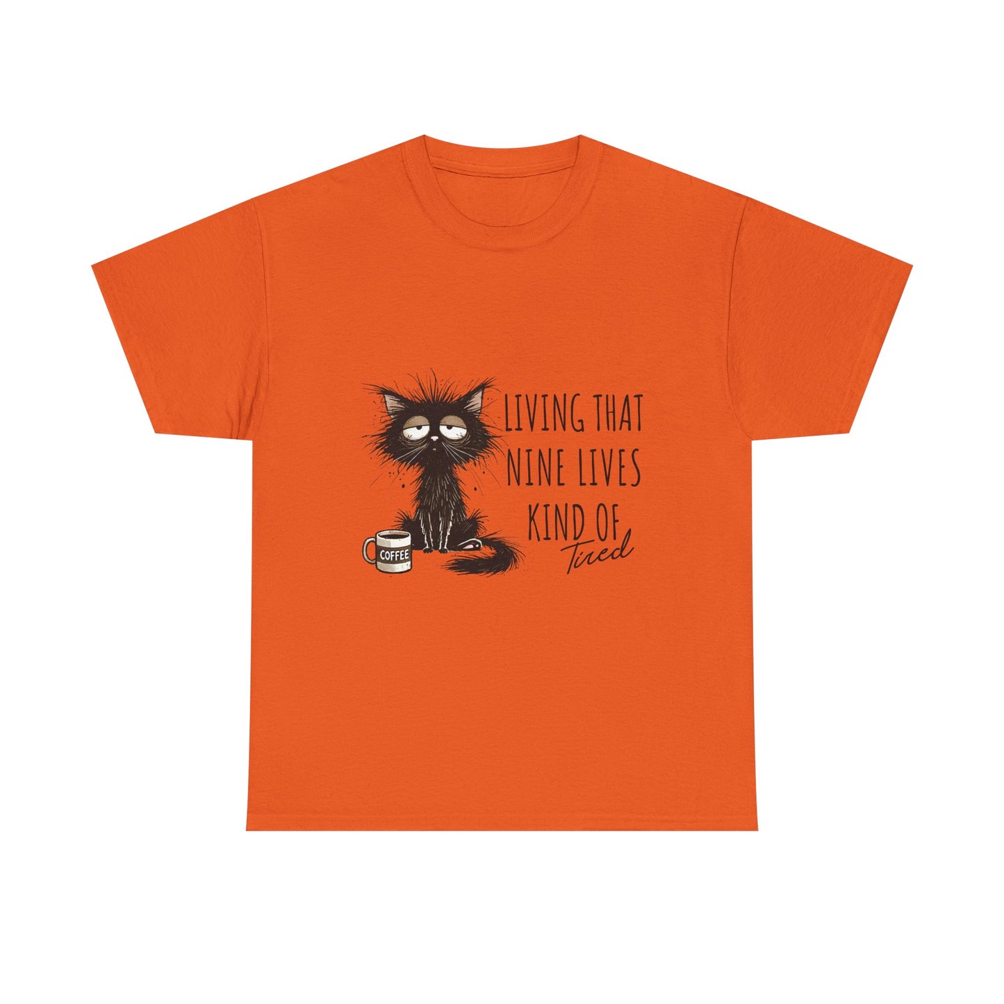 Cat T-Shirt - "Living That Nine Lives Kind of Tired" Graphic Tee, Funny Coffee Cat Shirt for Cat Lovers
