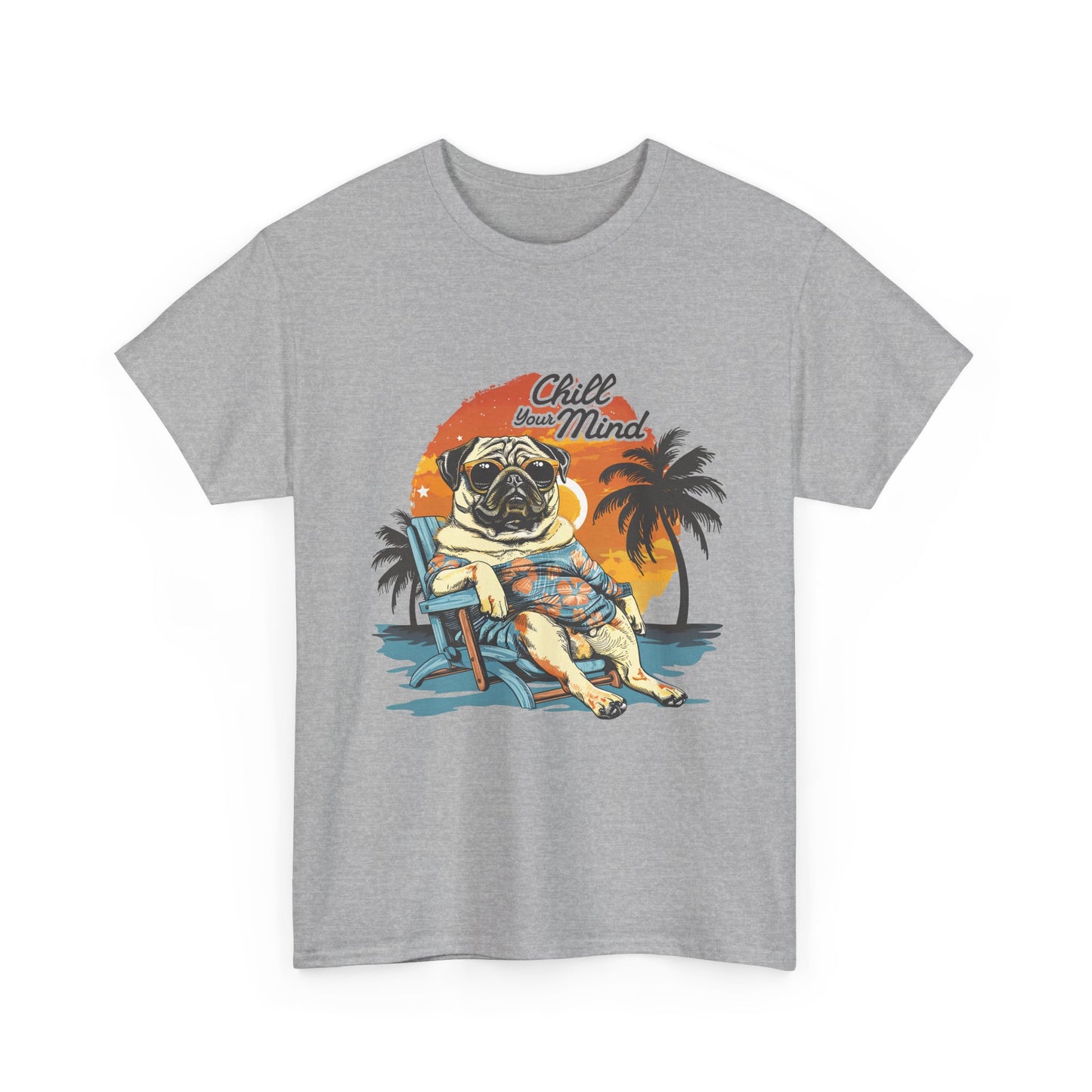 Chill Mind Pug Beach Tee — Retro Palm Sunset Vacation T‑Shirt