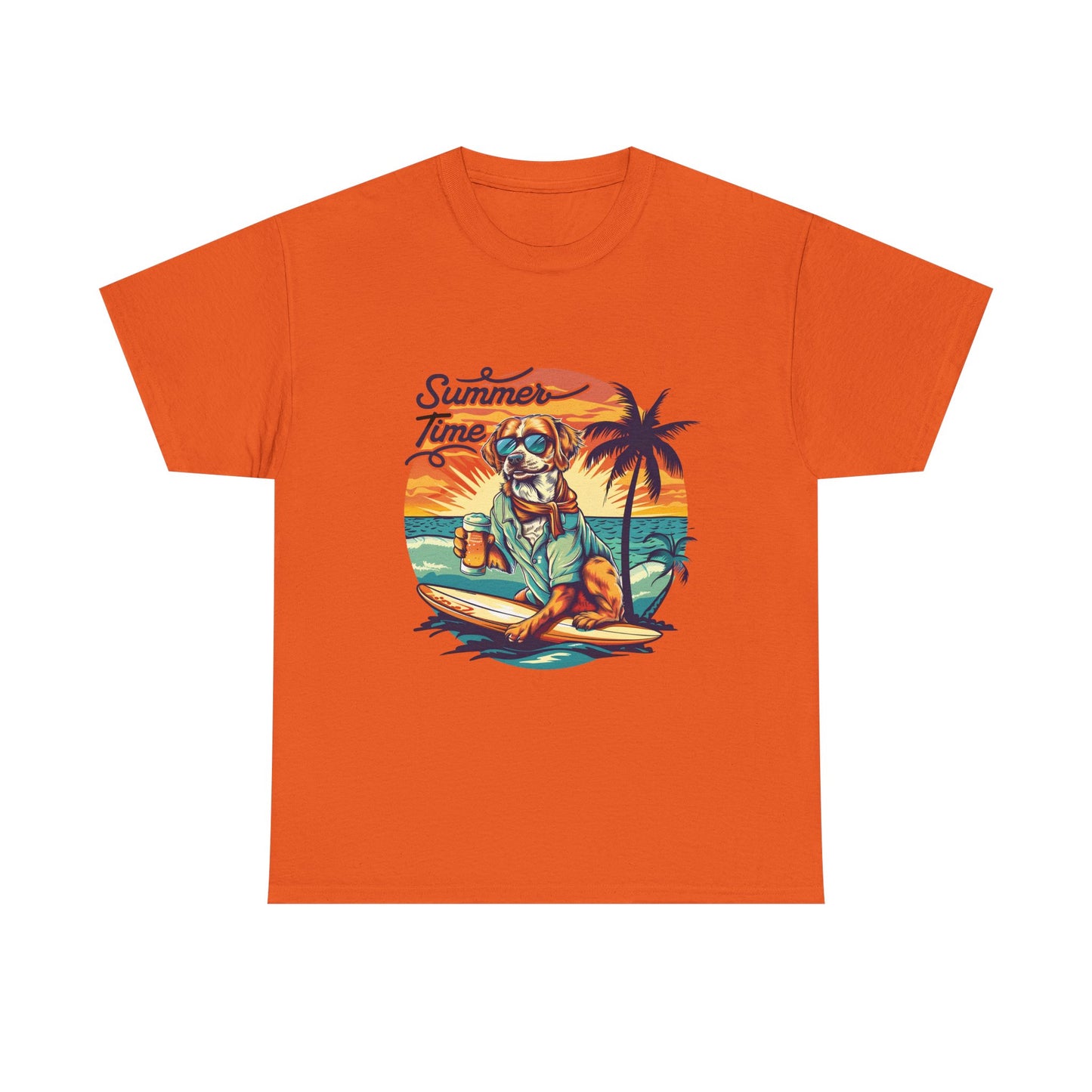Summer Time Surfer Dog T‑Shirt — Vintage Beach Palm Surfing Dog Tee