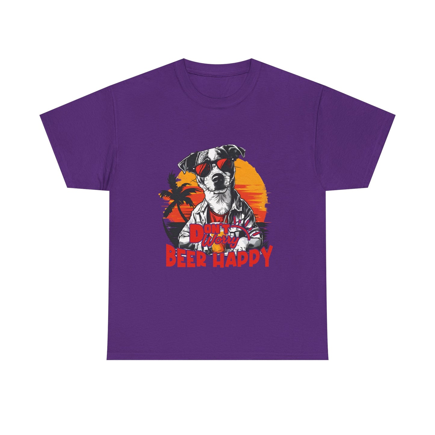 Dog With Beer T-Shirt - "Don't Worry Beer Happy" Retro Sunset Tee