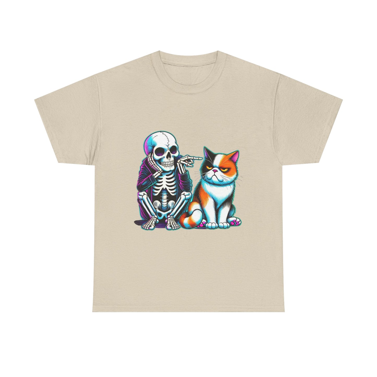 Skeleton & Cat Graphic Tee — Retro Neon Spooky Cat Shirt