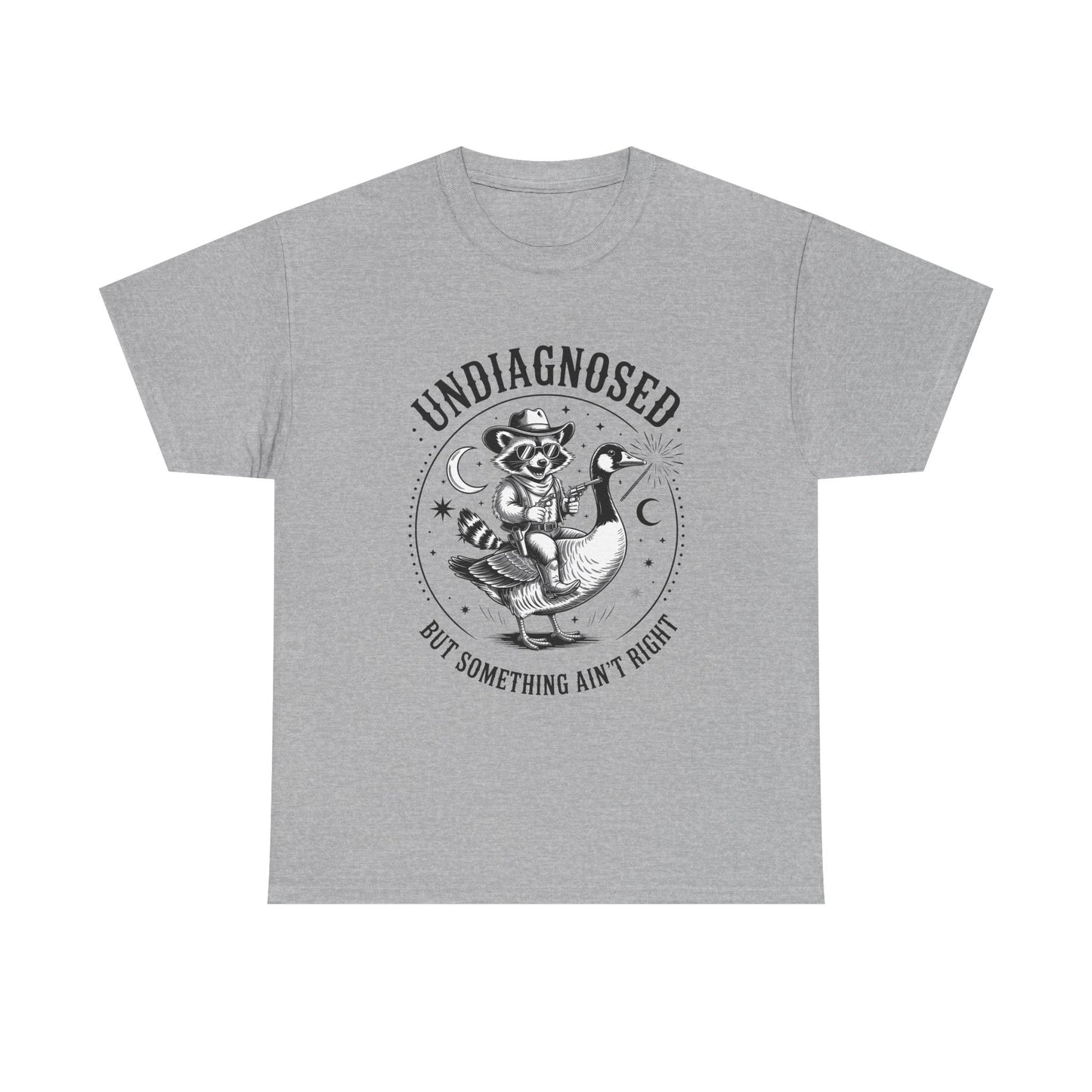 Undiagnosed But Something Ain't Right T-Shirt — Funny Retro Raccoon Riding Goose Tee