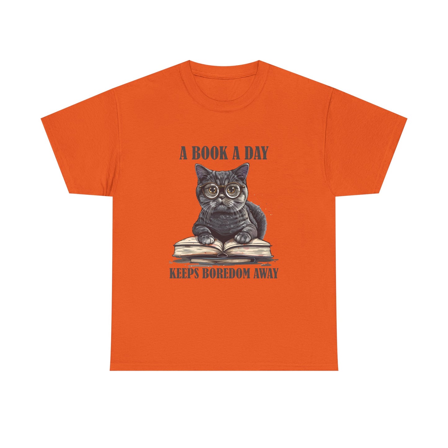 T-Shirt — "A Book a Day Keeps Boredom Away" Cat Reading Graphic Tee