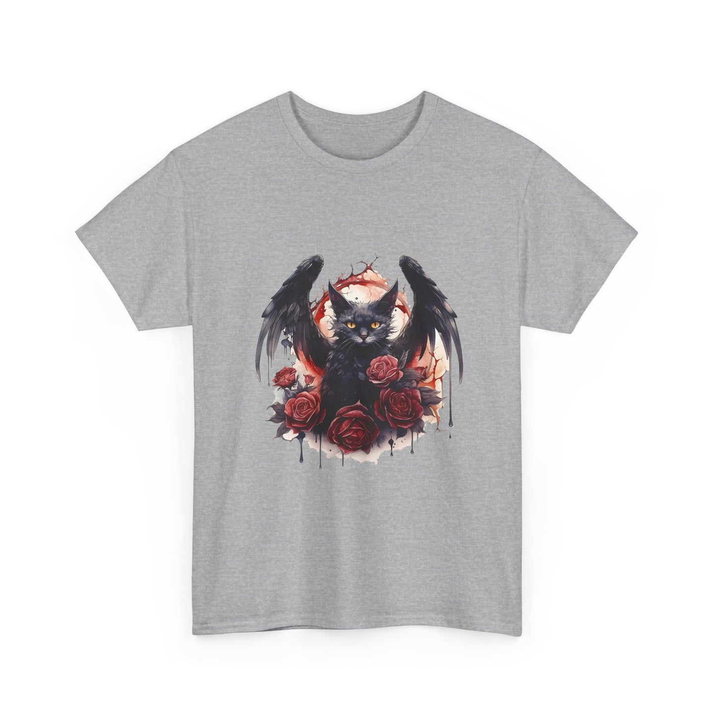 Cat Demon Tee — Gothic Bat-Wing Cat with Roses Graphic Shirt