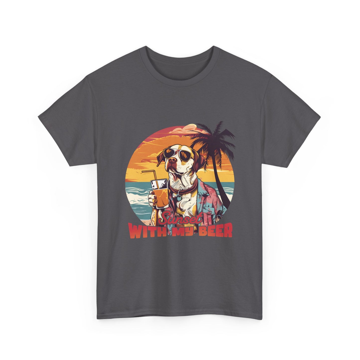 T-Shirt — Sunset With My Beer Dog Graphic Tee — Retro Tropical Beach Vibes