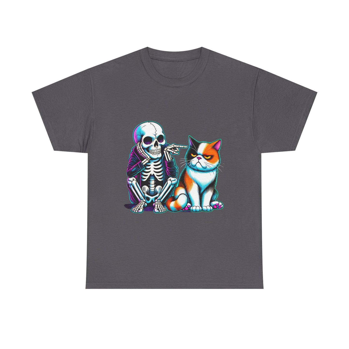 Skeleton & Cat Graphic Tee — Retro Neon Spooky Cat Shirt