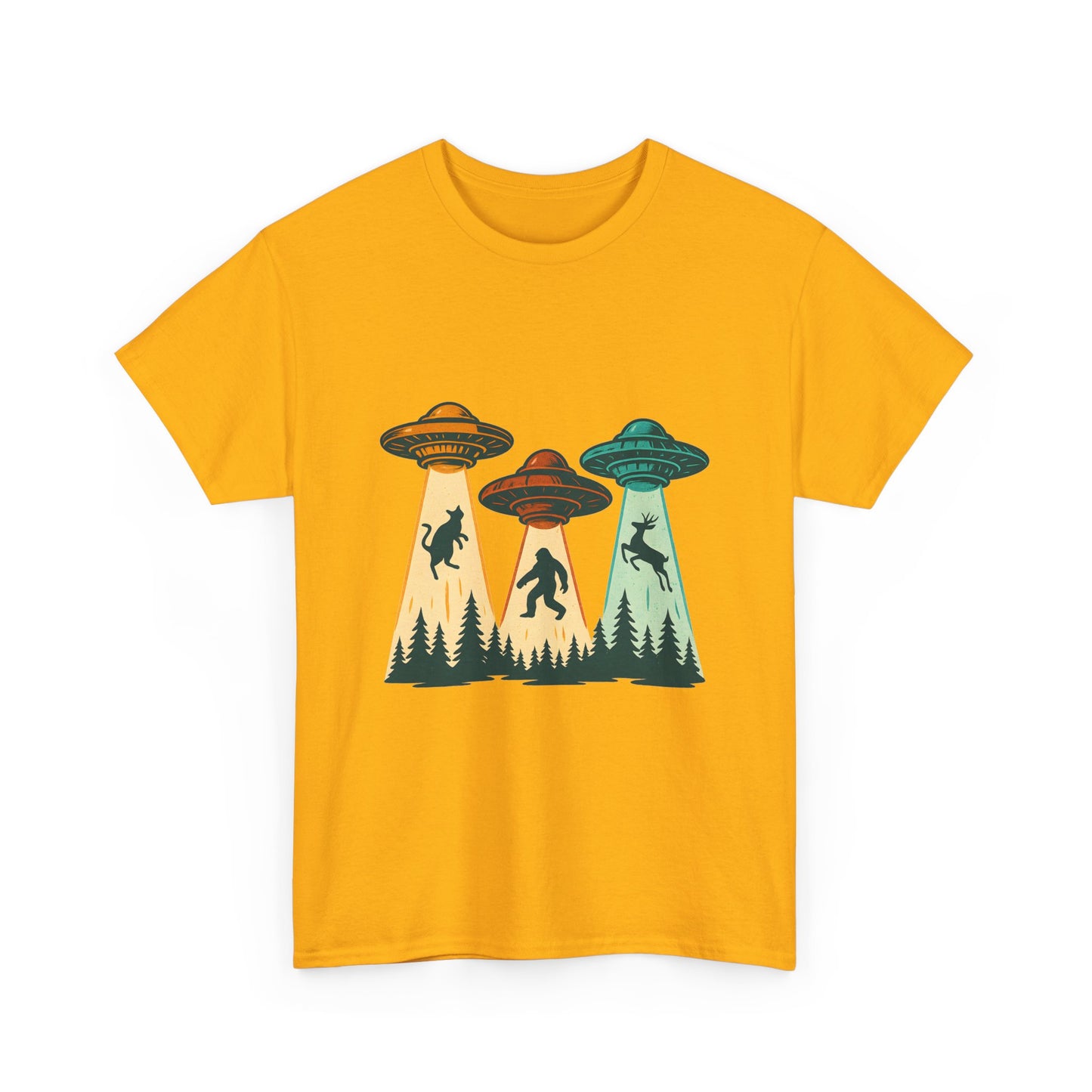 Alien Abduction UFO Tee — Retro Forest Beams T‑Shirt