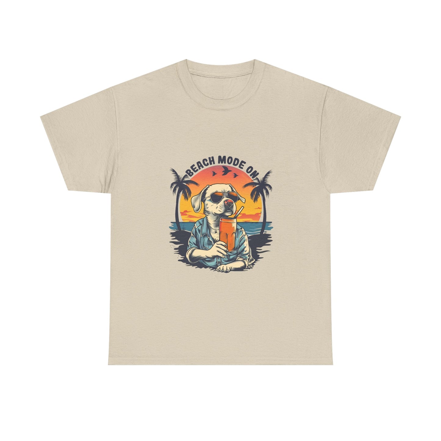 Beach Mode On T-Shirt - Retro Sunglasses Dog Drinking Cocktail, Summer Vacation Tee