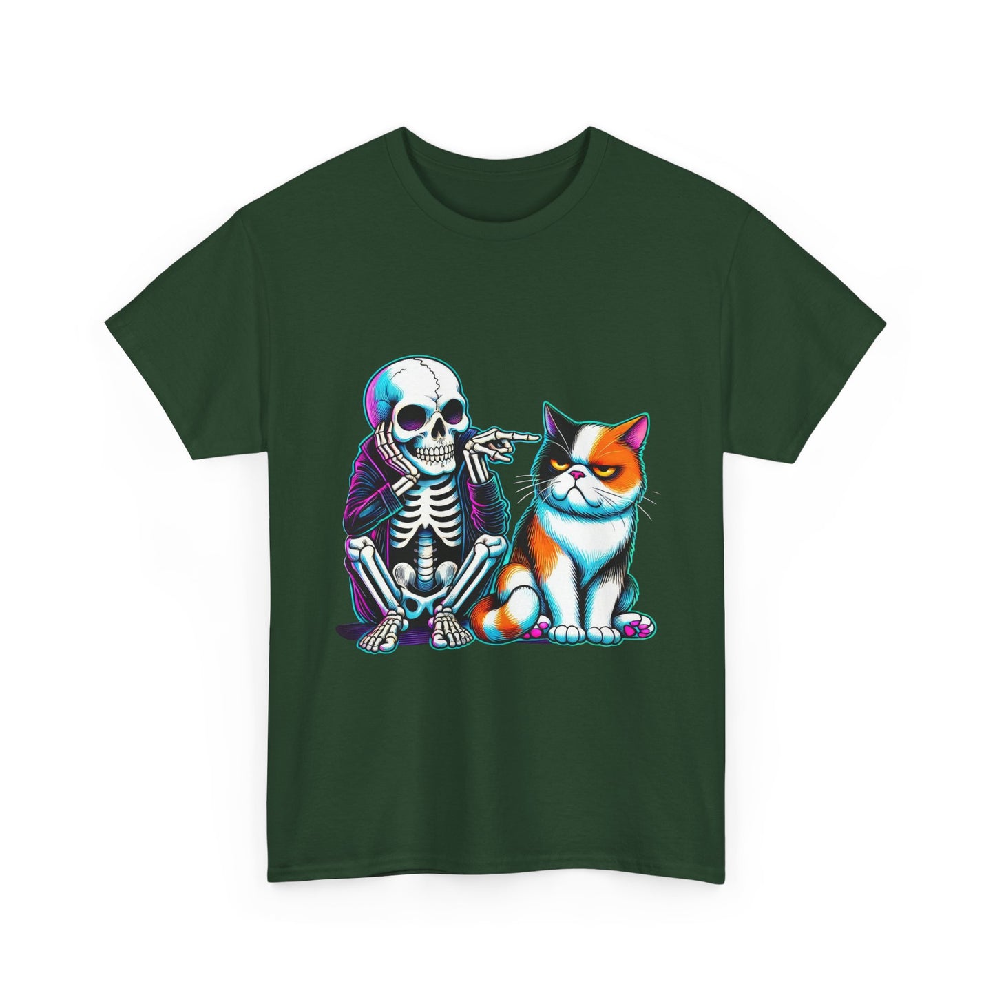 Skeleton & Cat Graphic Tee — Retro Neon Spooky Cat Shirt