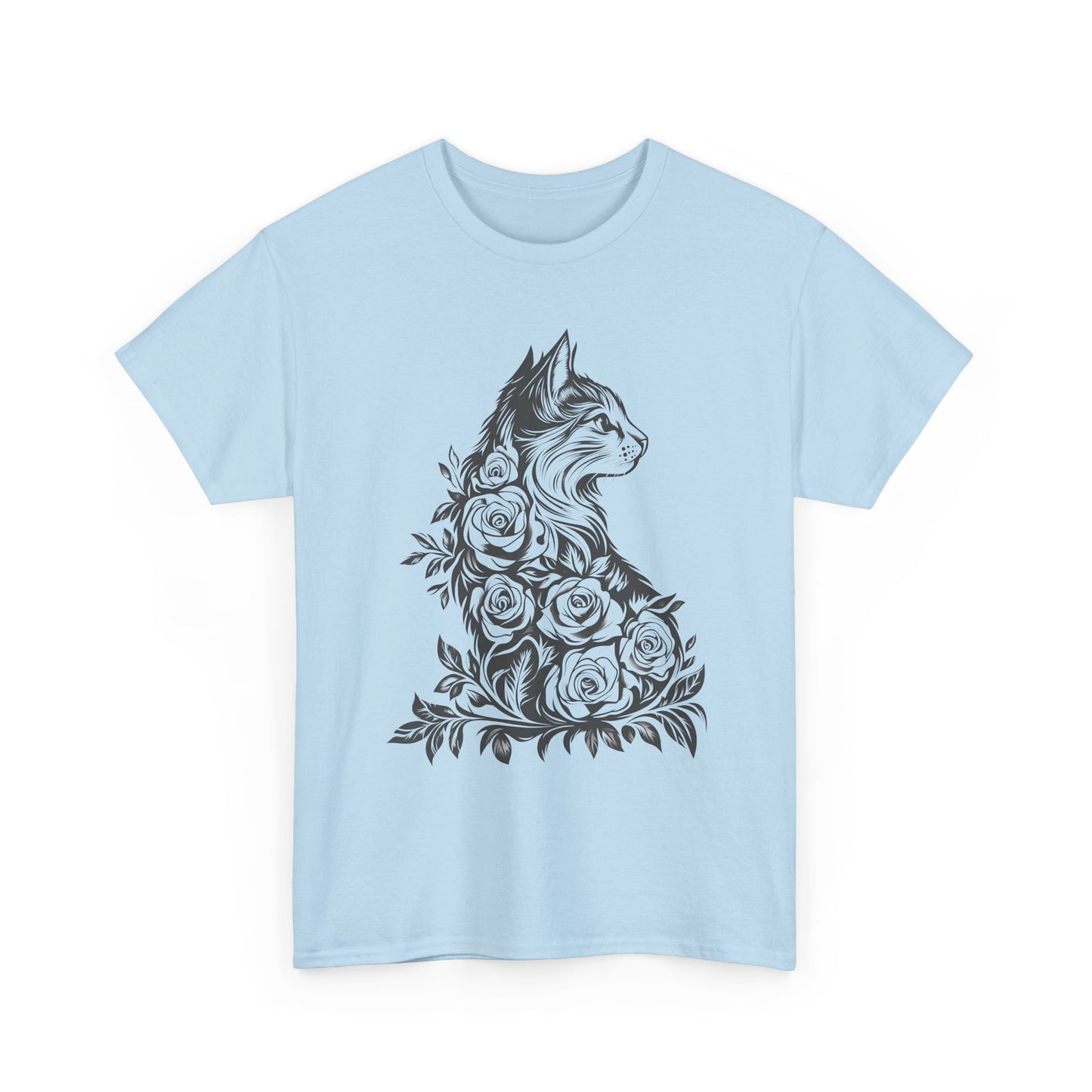Floral Cat Tee — Vintage Black & White Cat with Roses T-Shirt