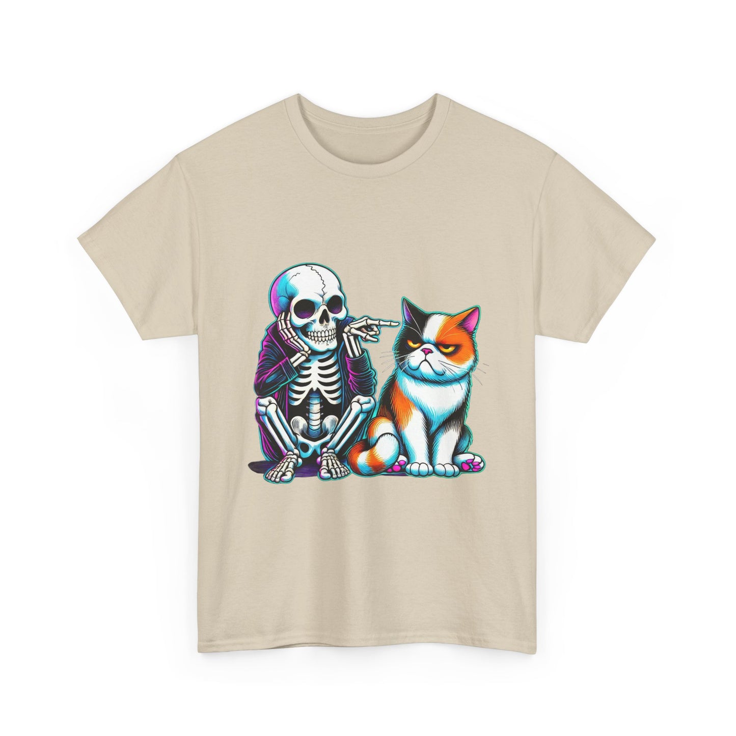 Skeleton & Cat Graphic Tee — Retro Neon Spooky Cat Shirt