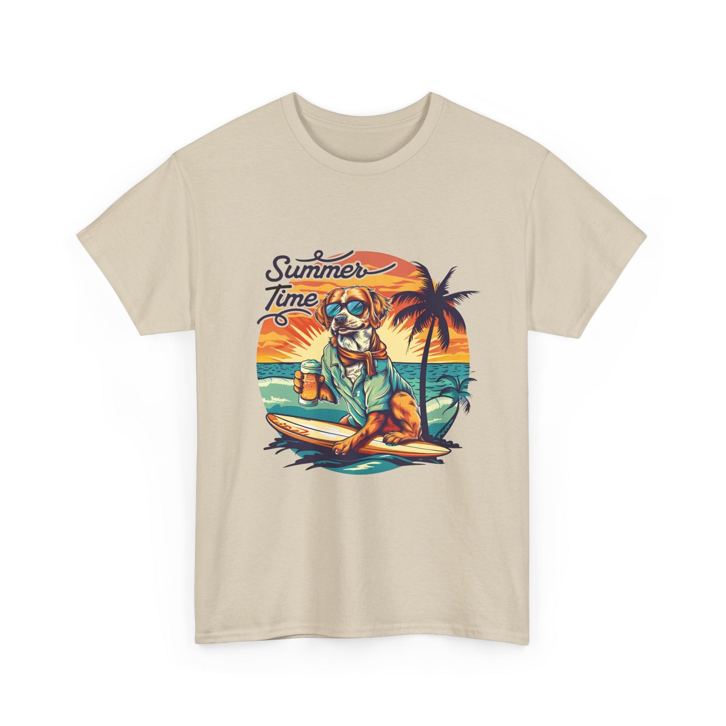 Summer Time Surfer Dog T‑Shirt — Vintage Beach Palm Surfing Dog Tee