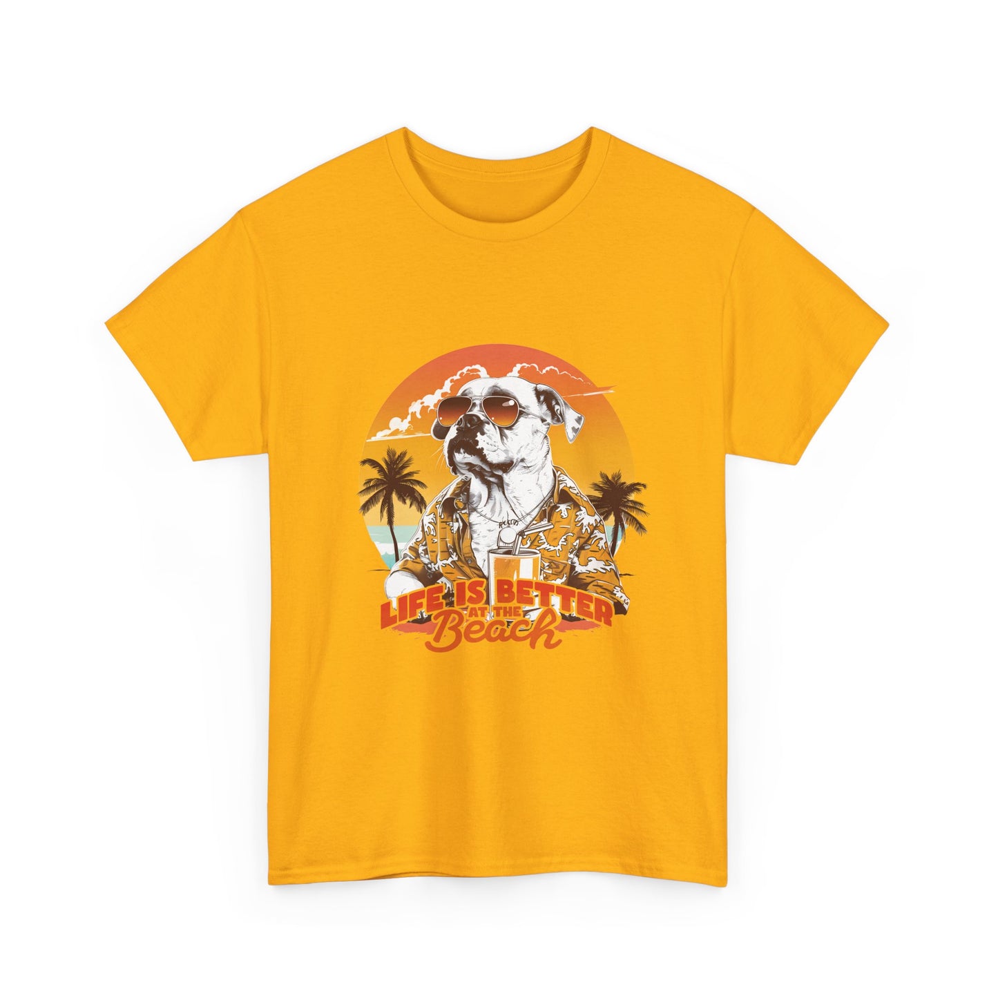 Beach Dog T‑Shirt — "Life Is Better at the Beach" Vintage Sunset Tee