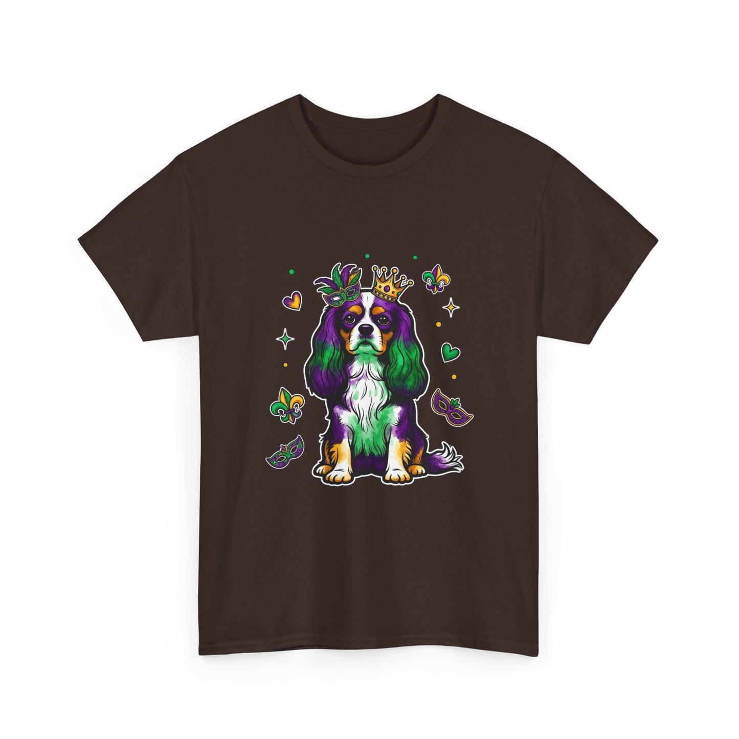 Mardi Gras Cavalier King Charles Dog T‑Shirt — King & Mask Festival Tee