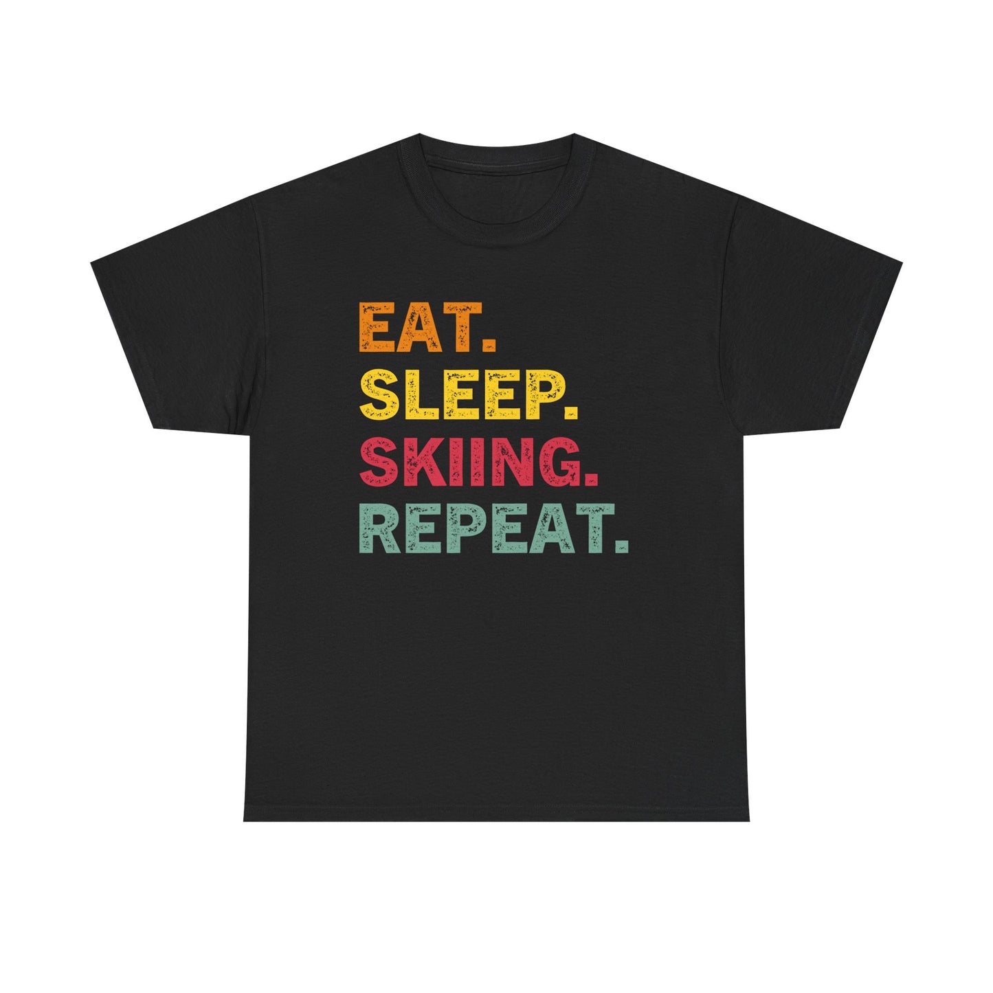 Ski T-Shirt — “Eat. Sleep. Skiing. Repeat.” Retro Colorblock Skiing Tee