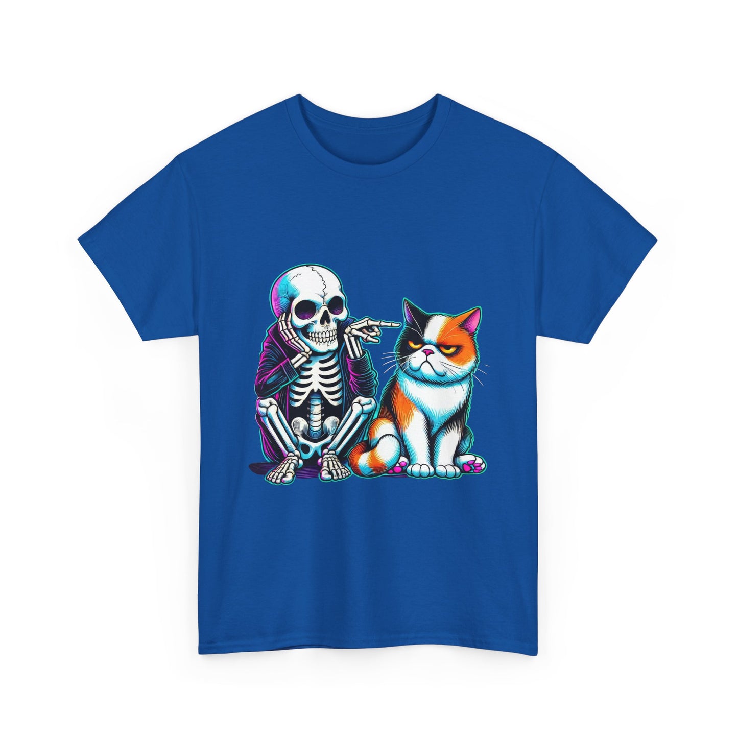 Skeleton & Cat Graphic Tee — Retro Neon Spooky Cat Shirt