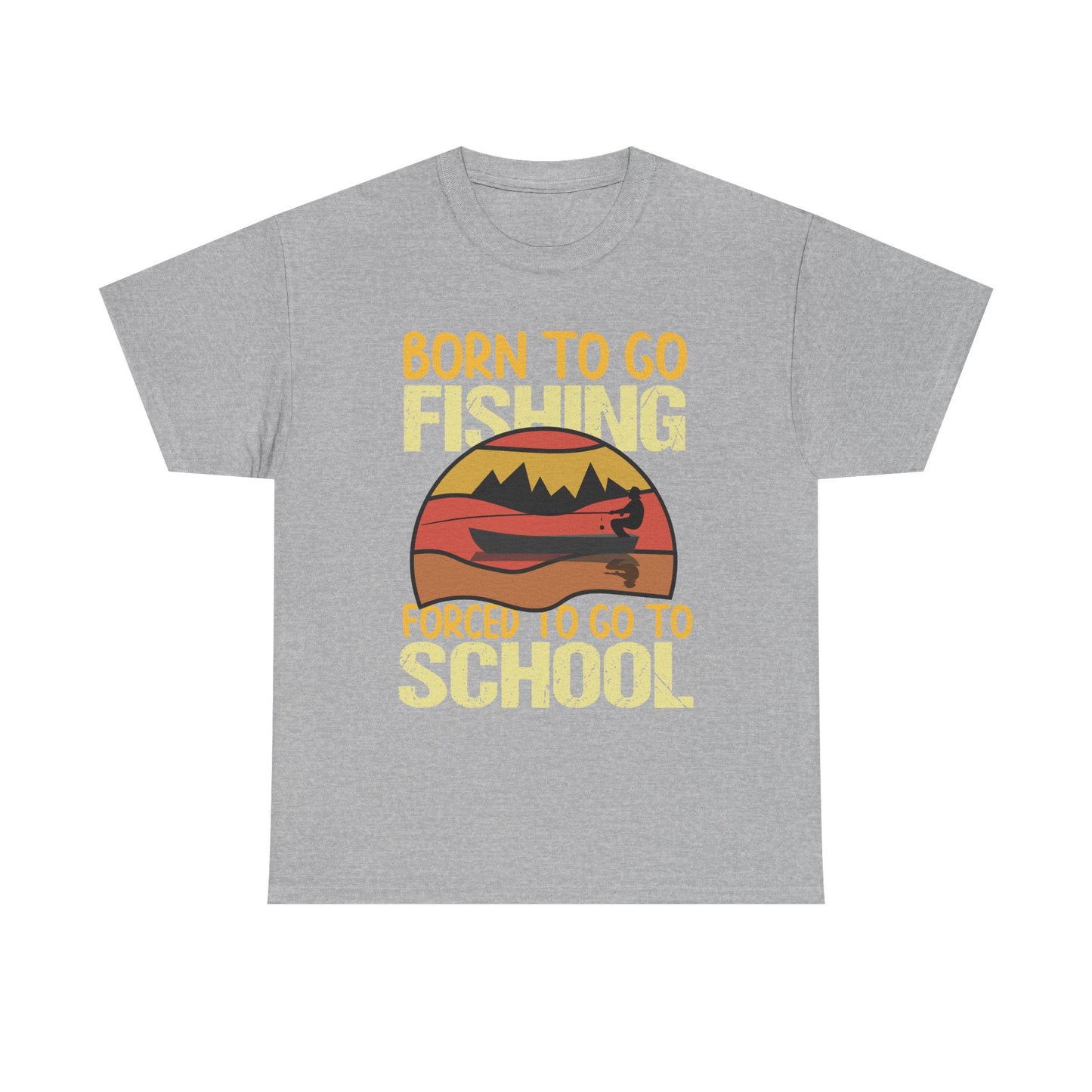 Fishing Graphic Tee - "Born to Go Fishing, Forced to Go to School" Retro Sunset T-Shirt for Kids & Teens