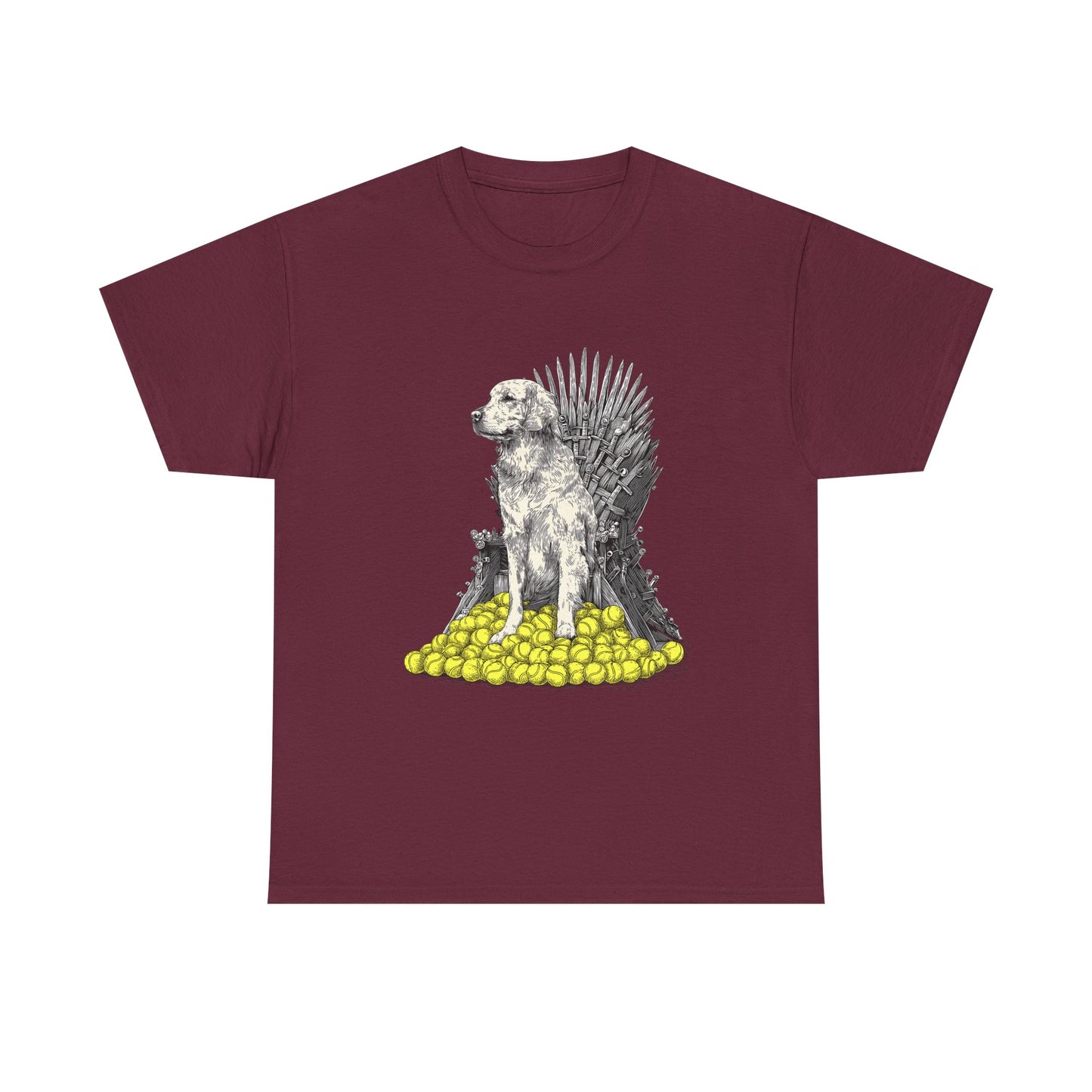 Dog Throne T‑Shirt — Dog on Iron Throne of Tennis Balls Graphic Tee