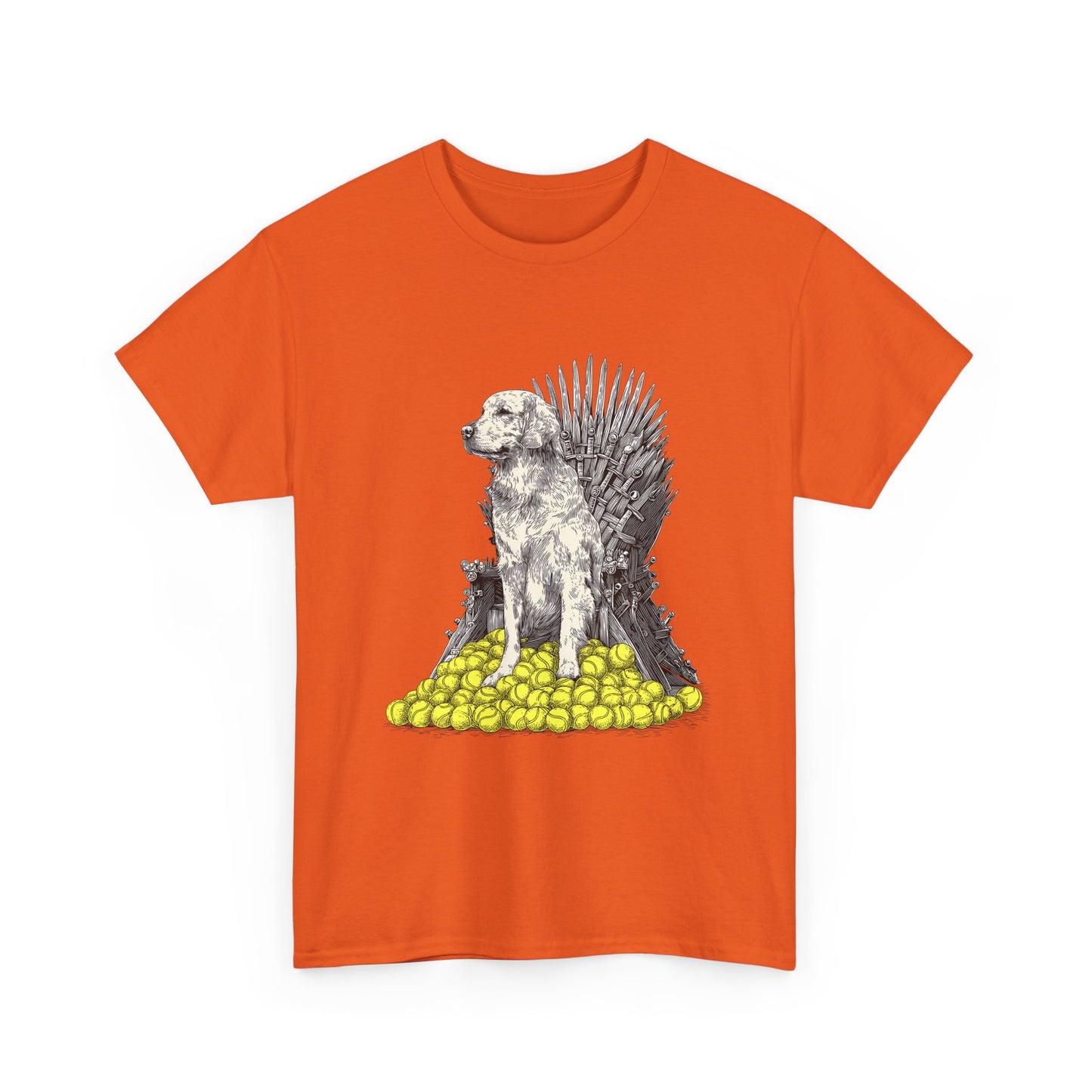 Dog Throne T‑Shirt — Dog on Iron Throne of Tennis Balls Graphic Tee