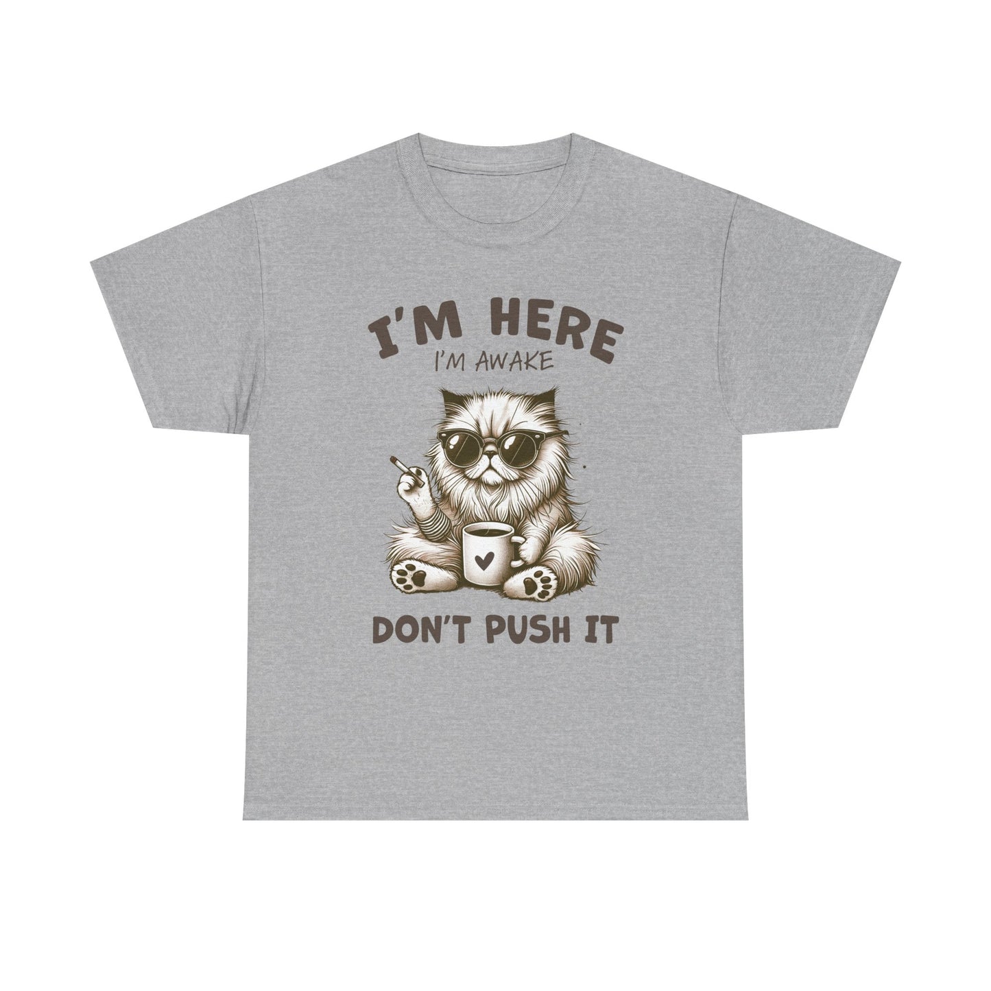 I'm Here I'm Awake Don’t Push It Cat T-Shirt — Funny Coffee Cat Tee for Cat Lovers