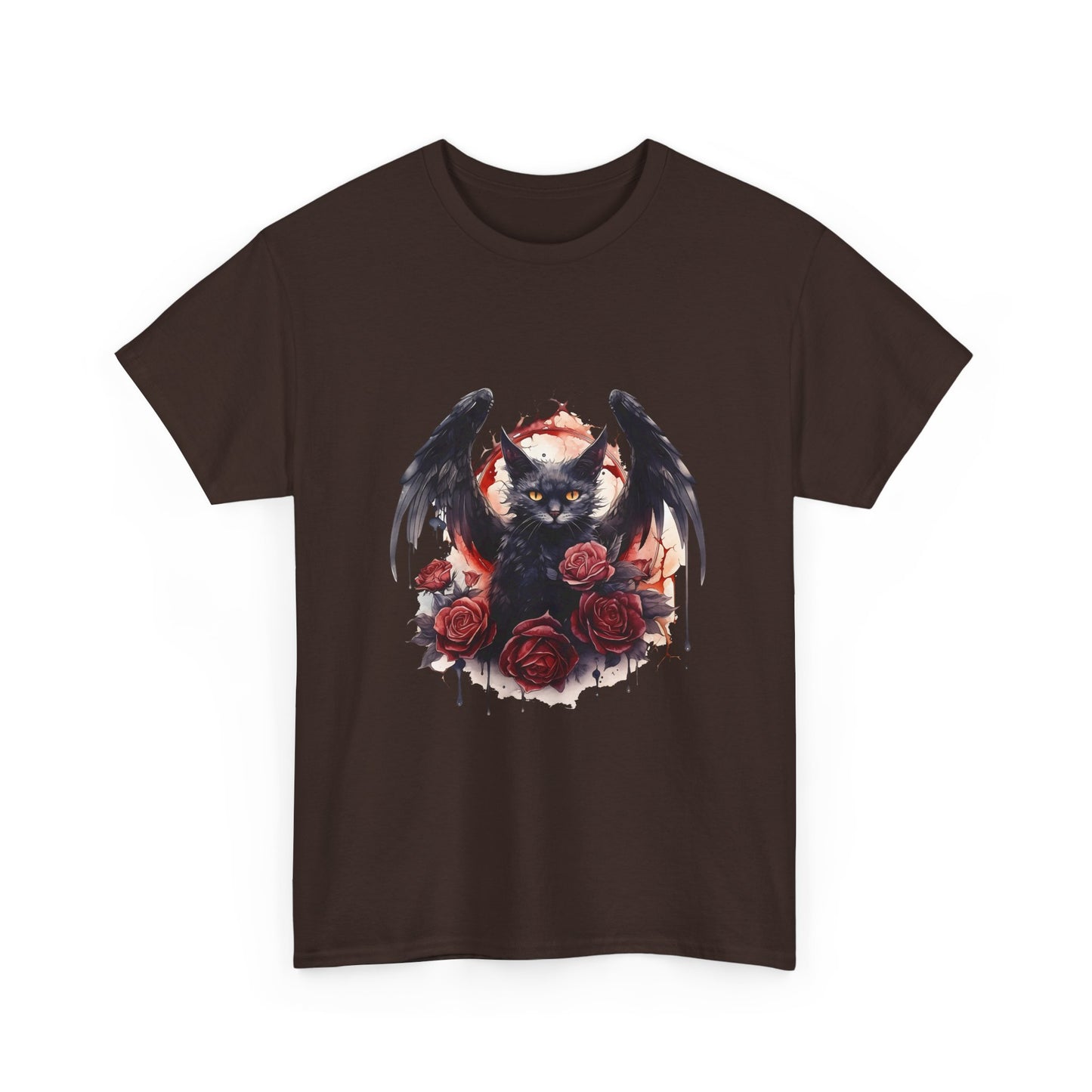Cat Demon Tee — Gothic Bat-Wing Cat with Roses Graphic Shirt