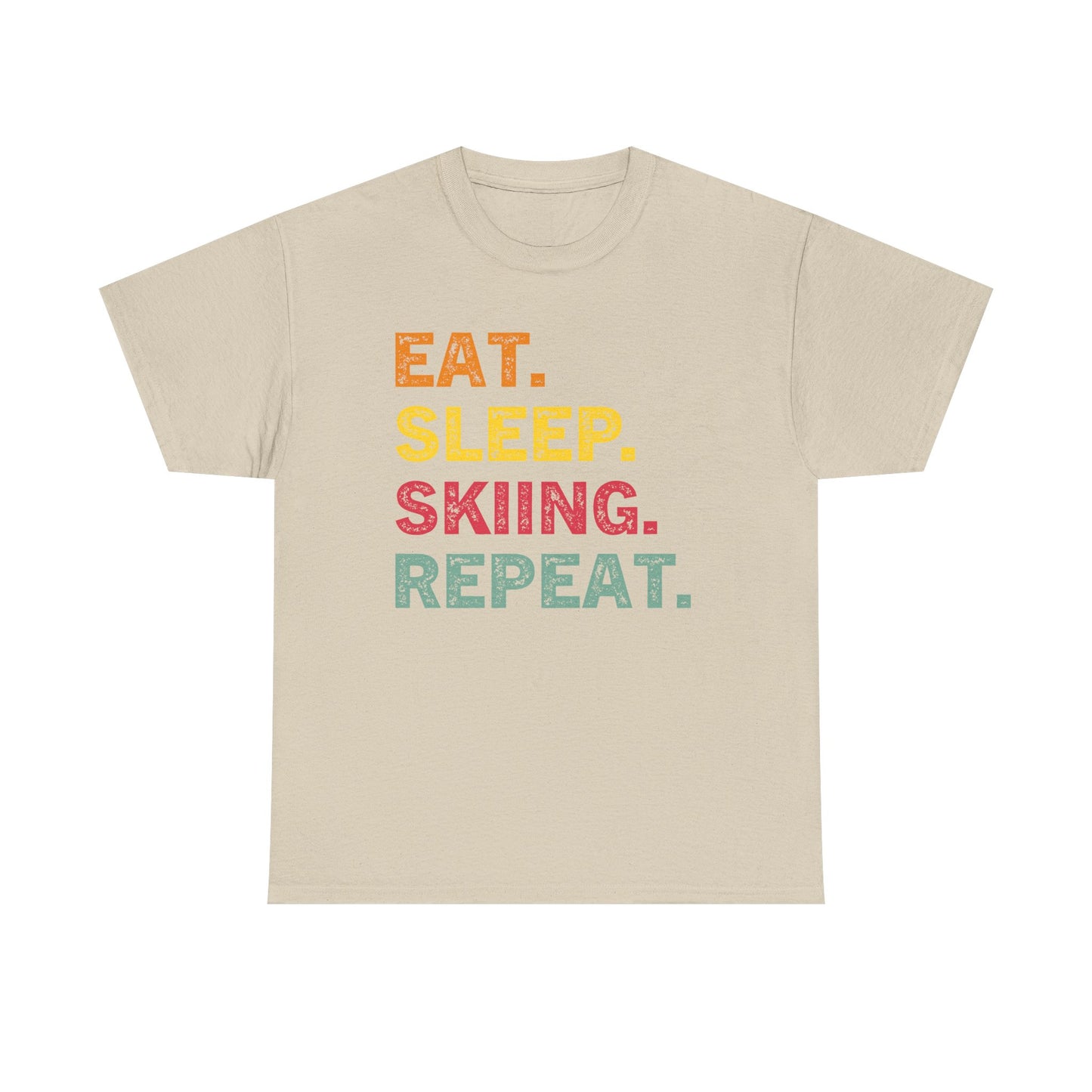 Ski T-Shirt — “Eat. Sleep. Skiing. Repeat.” Retro Colorblock Skiing Tee