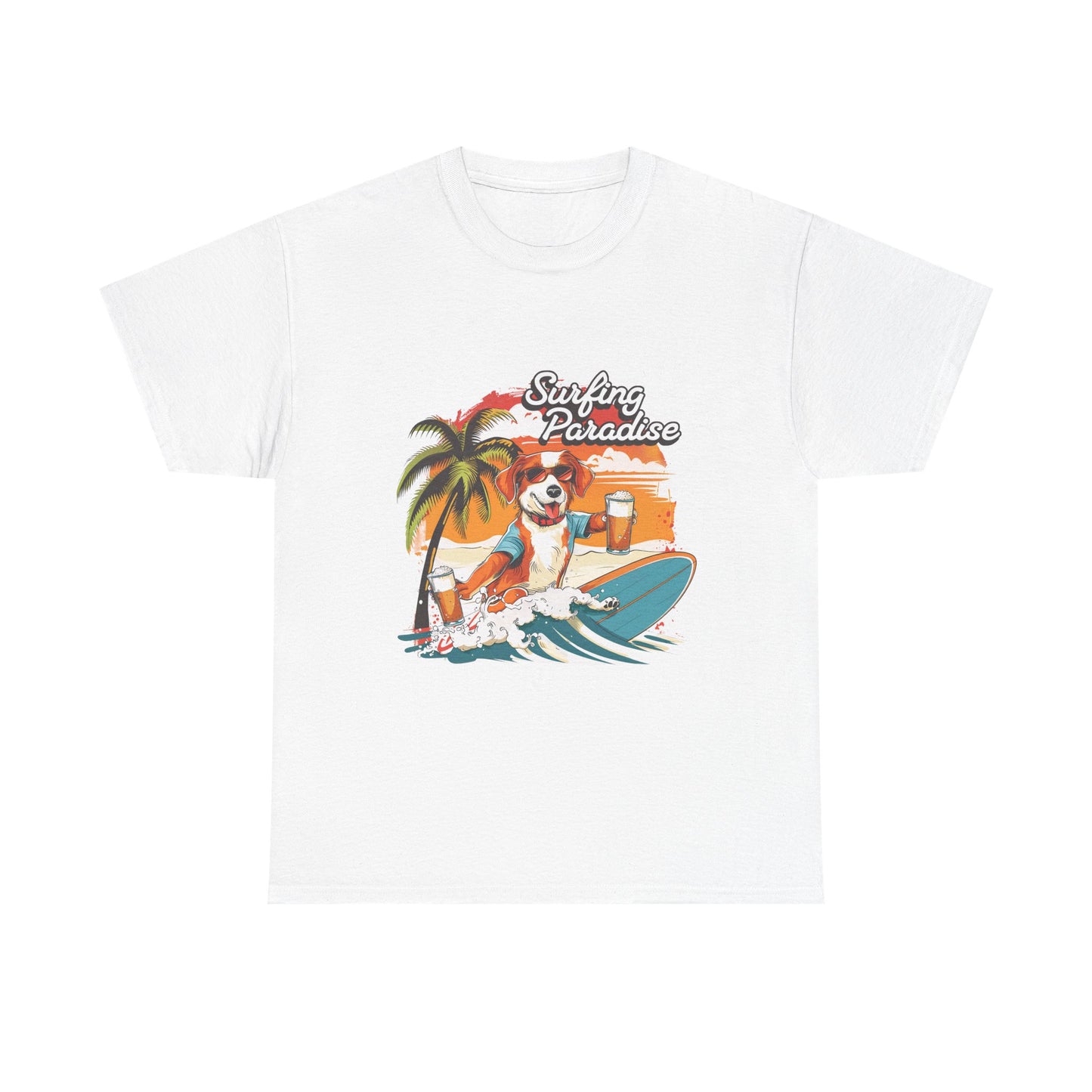 Surfing Paradise Dog T-Shirt – Retro Palm Beach Surf Tee