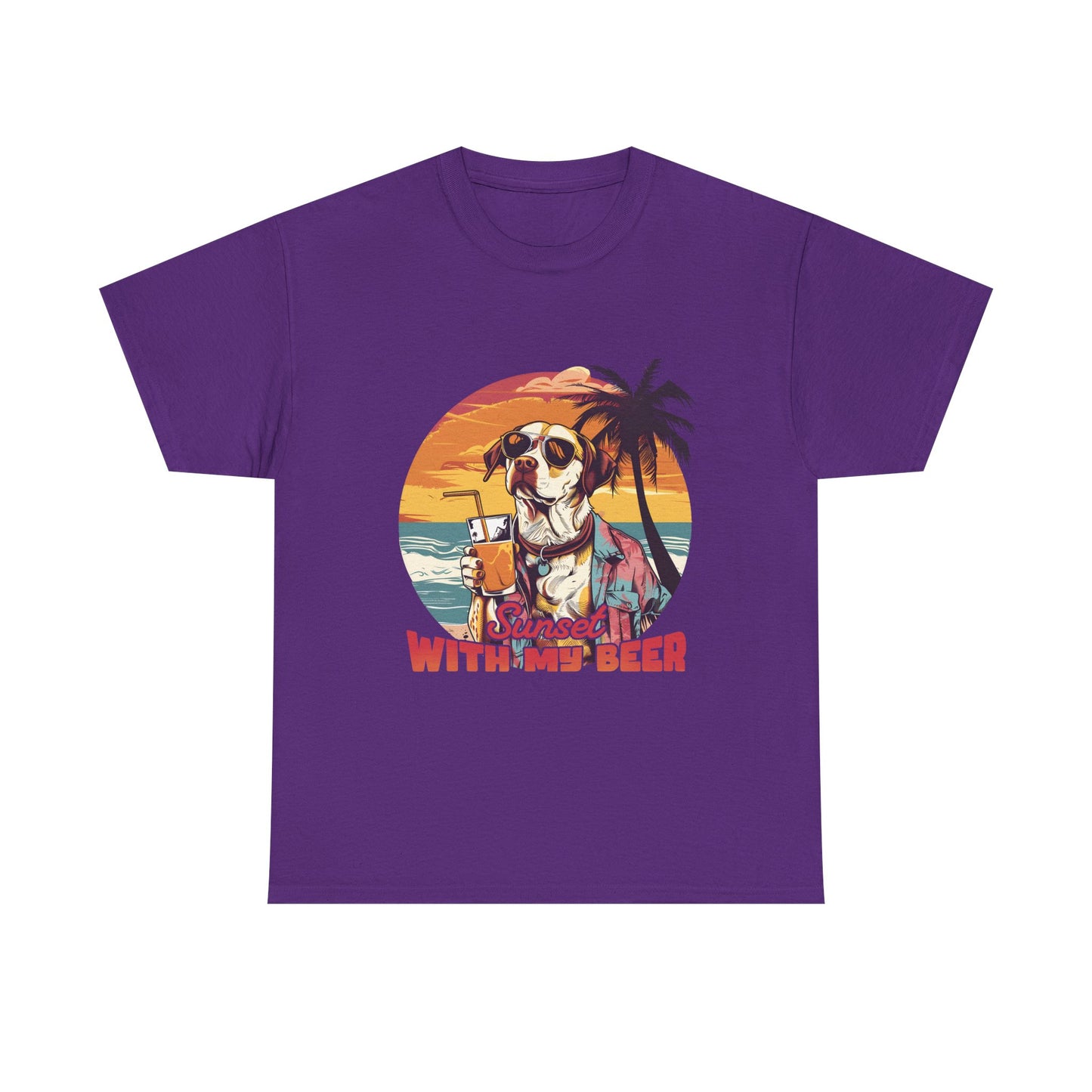 T-Shirt — Sunset With My Beer Dog Graphic Tee — Retro Tropical Beach Vibes