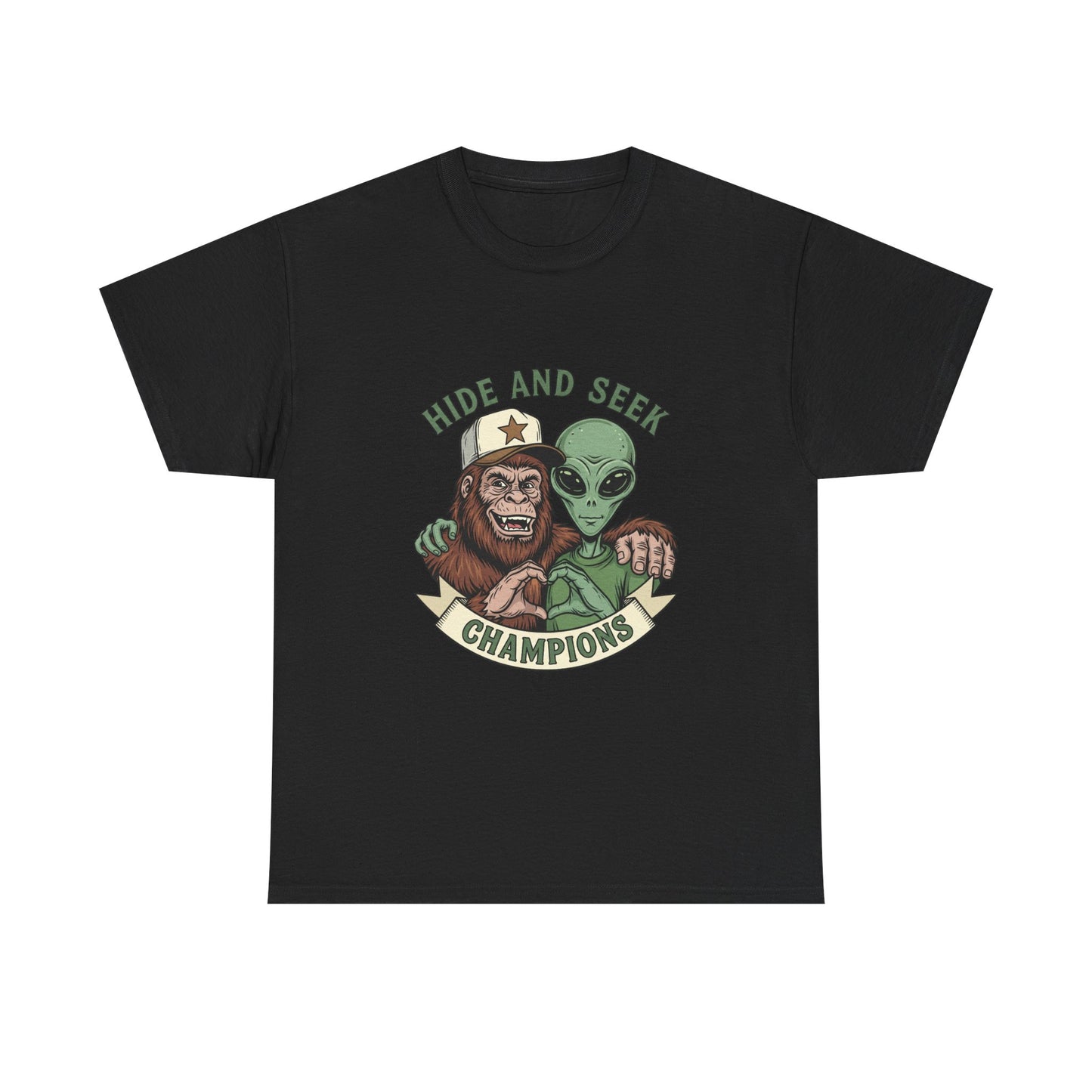 Hide and Seek Champions T-Shirt — Bigfoot & Alien Graphic Tee