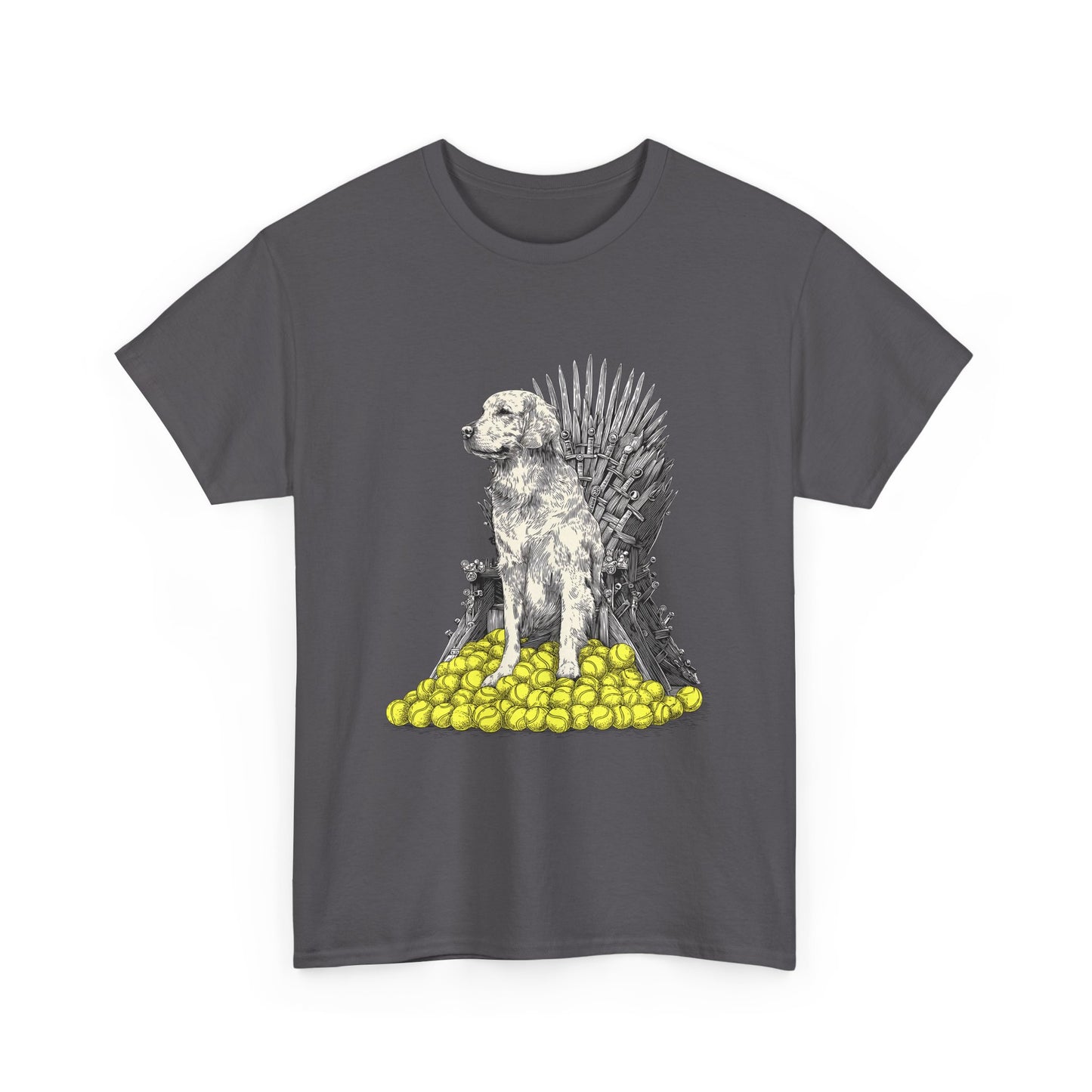 Dog Throne T‑Shirt — Dog on Iron Throne of Tennis Balls Graphic Tee