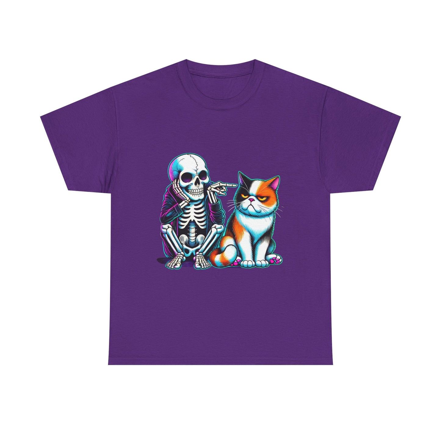 Skeleton & Cat Graphic Tee — Retro Neon Spooky Cat Shirt