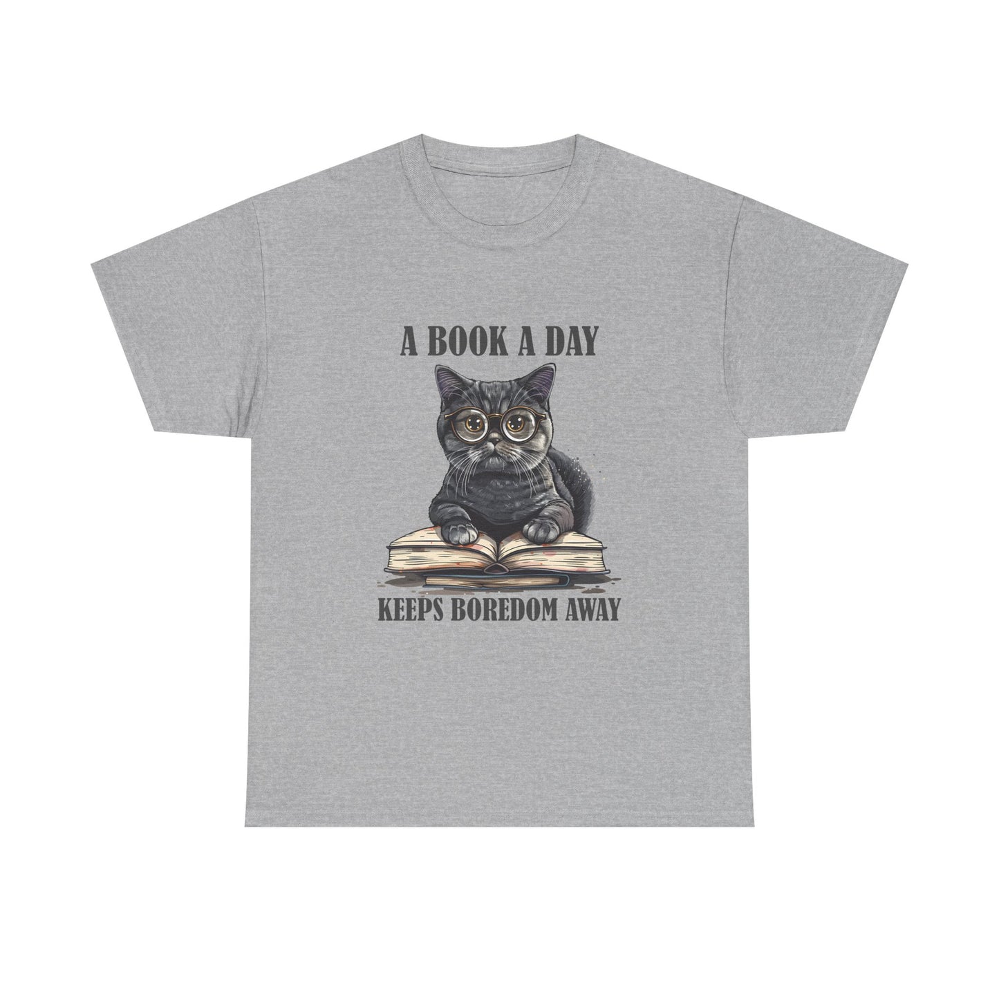 T-Shirt — "A Book a Day Keeps Boredom Away" Cat Reading Graphic Tee