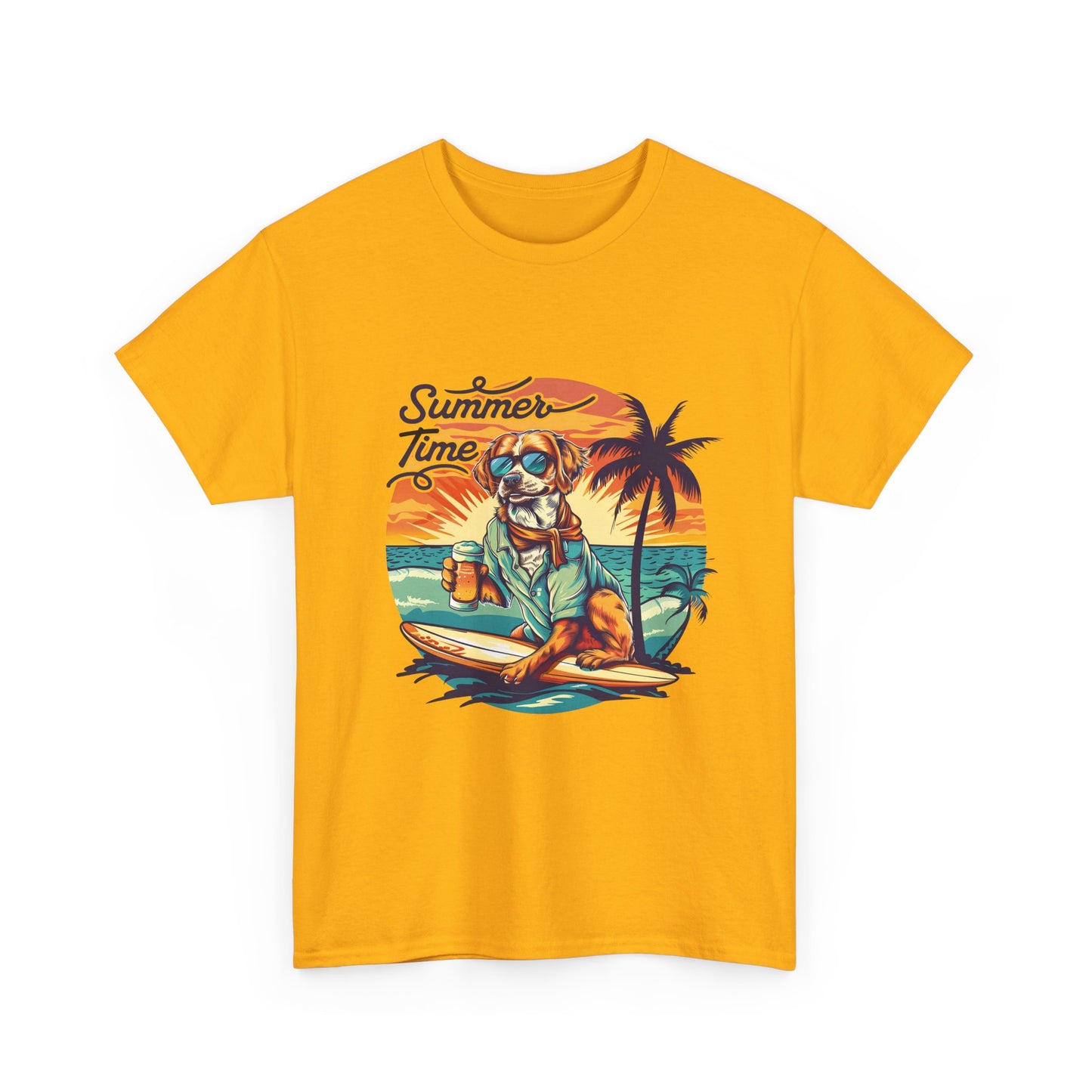Summer Time Surfer Dog T‑Shirt — Vintage Beach Palm Surfing Dog Tee