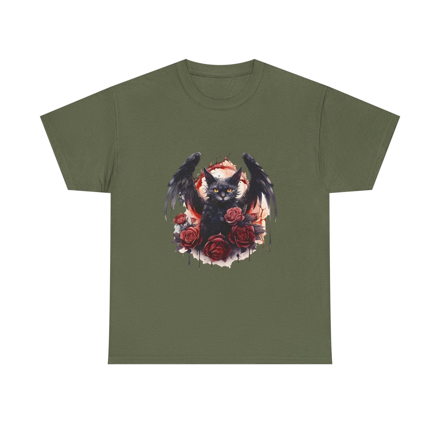 Cat Demon Tee — Gothic Bat-Wing Cat with Roses Graphic Shirt