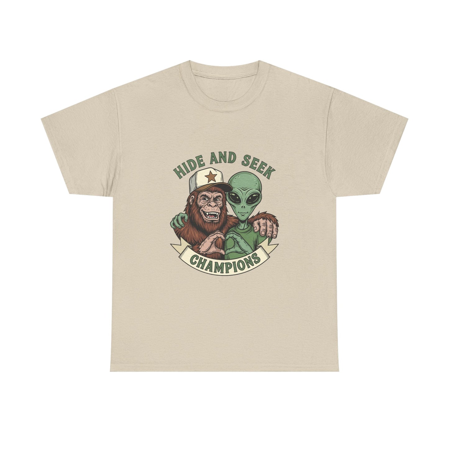 Hide and Seek Champions T-Shirt — Bigfoot & Alien Graphic Tee