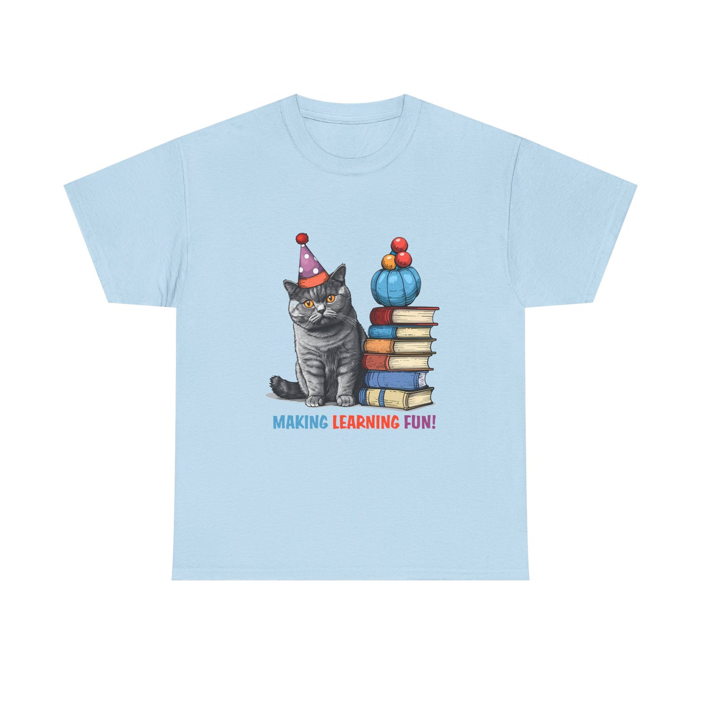 Cat Teacher T-Shirt — "Making Learning Fun!" Cute School Cat with Books Tee