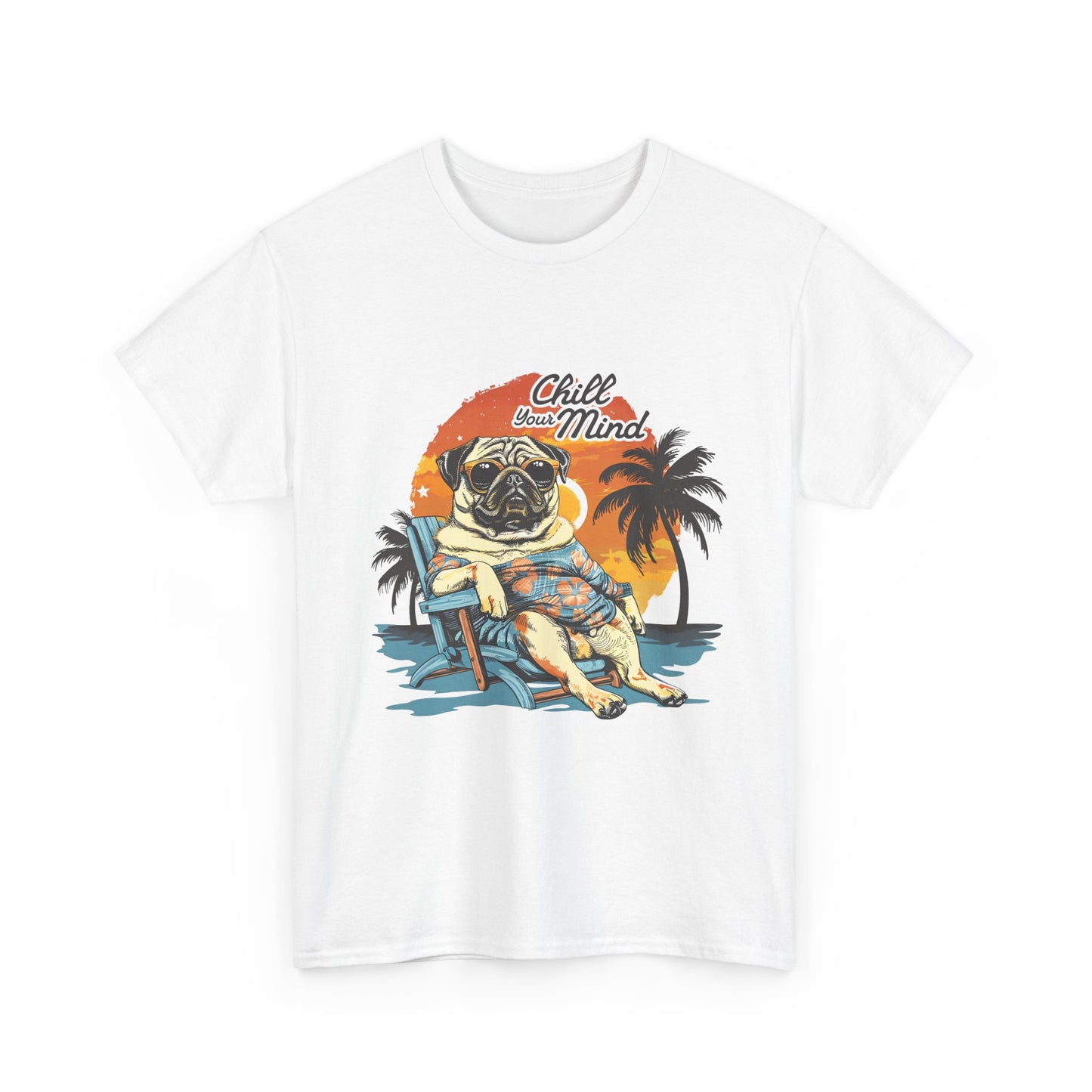 Chill Mind Pug Beach Tee — Retro Palm Sunset Vacation T‑Shirt