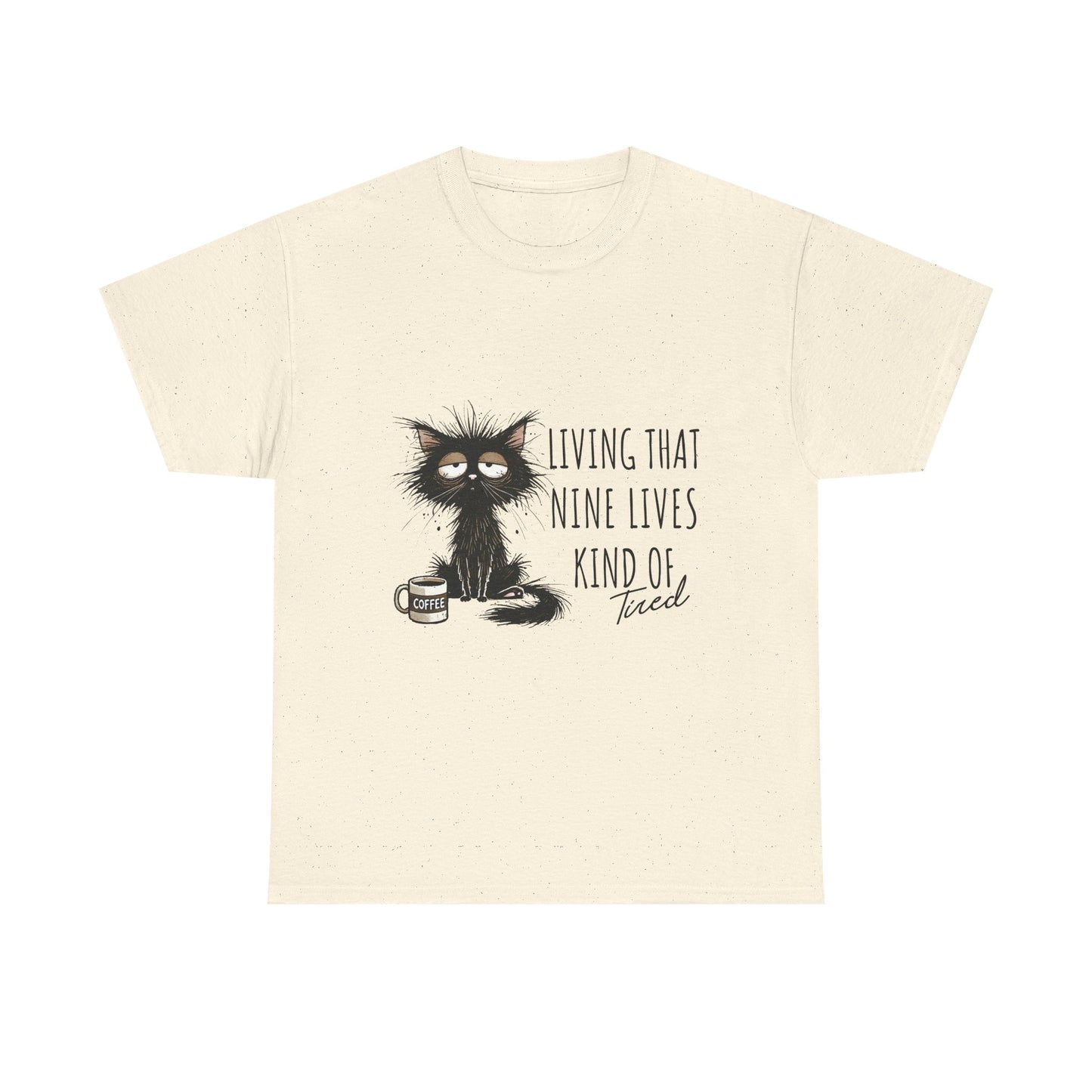 Cat T-Shirt - "Living That Nine Lives Kind of Tired" Graphic Tee, Funny Coffee Cat Shirt for Cat Lovers