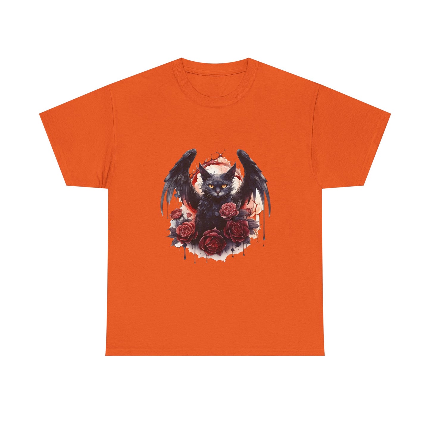 Cat Demon Tee — Gothic Bat-Wing Cat with Roses Graphic Shirt