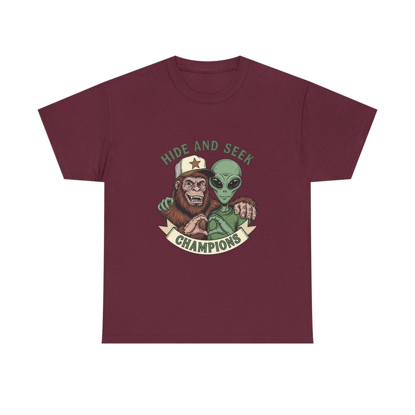 Hide and Seek Champions T-Shirt — Bigfoot & Alien Graphic Tee