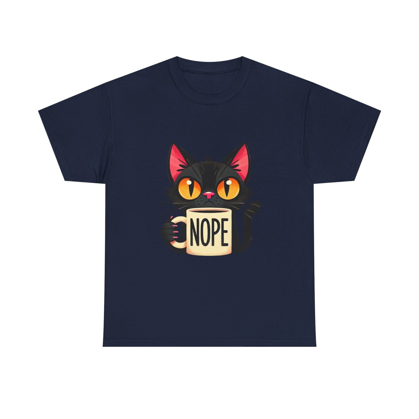 Cat 'Nope' T-Shirt — Cute Black Cat Holding 'NOPE' Mug Graphic Tee