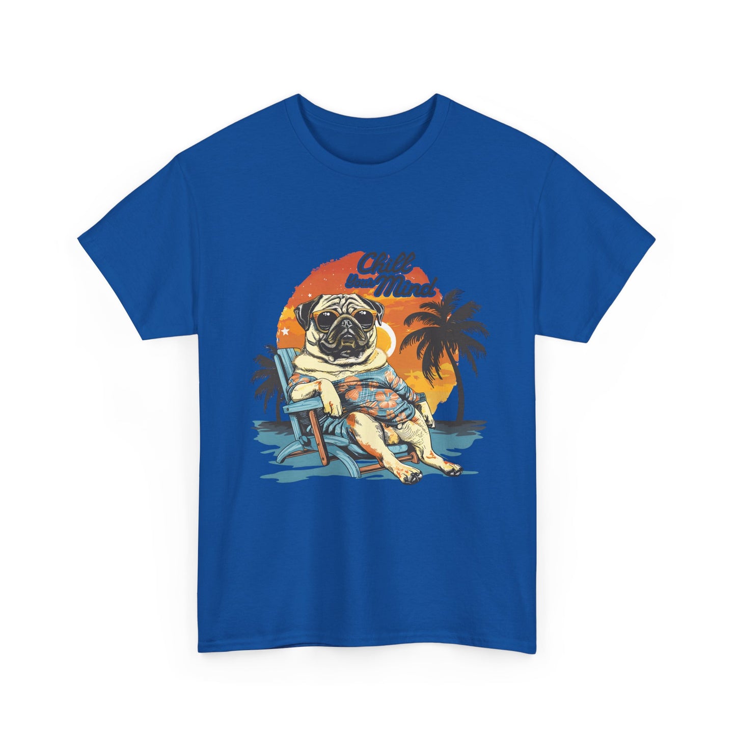 Chill Mind Pug Beach Tee — Retro Palm Sunset Vacation T‑Shirt
