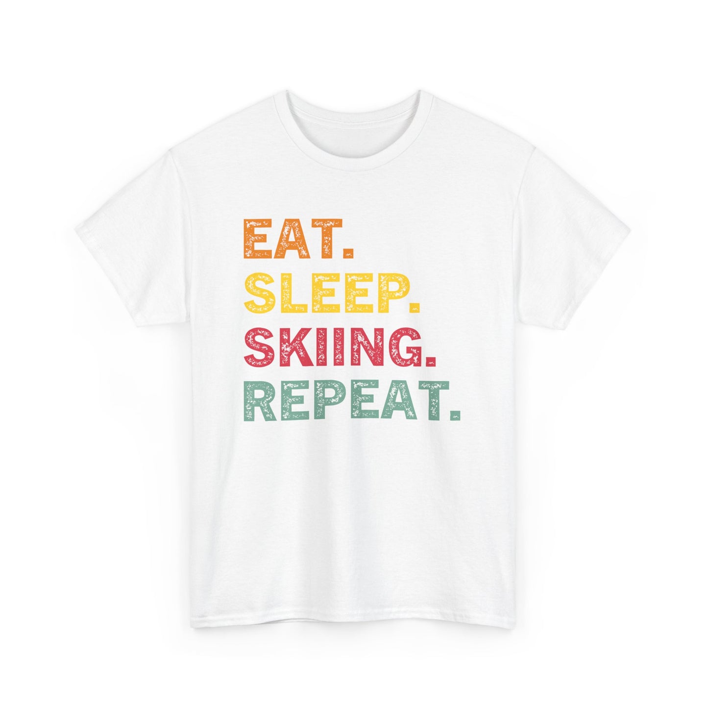Ski T-Shirt — “Eat. Sleep. Skiing. Repeat.” Retro Colorblock Skiing Tee