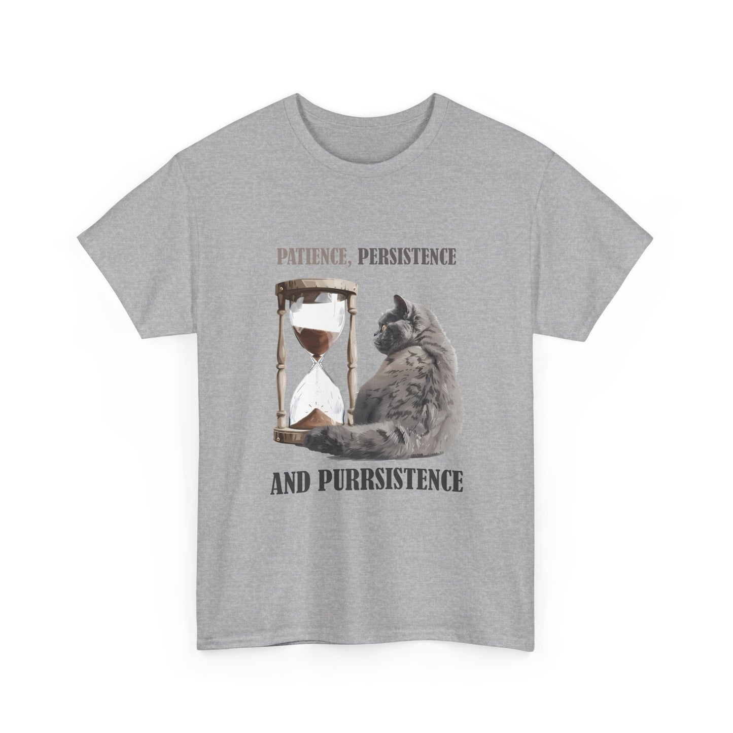 Cat Hourglass T‑Shirt — "Patience, Persistence and Purrsistence" Funny Cat Tee