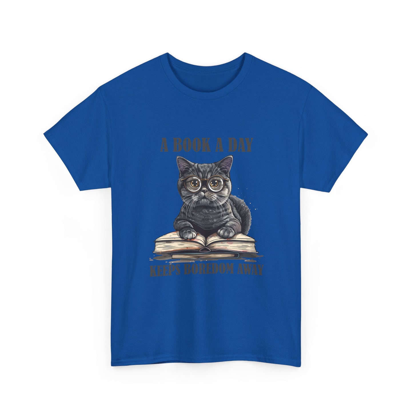T-Shirt — "A Book a Day Keeps Boredom Away" Cat Reading Graphic Tee