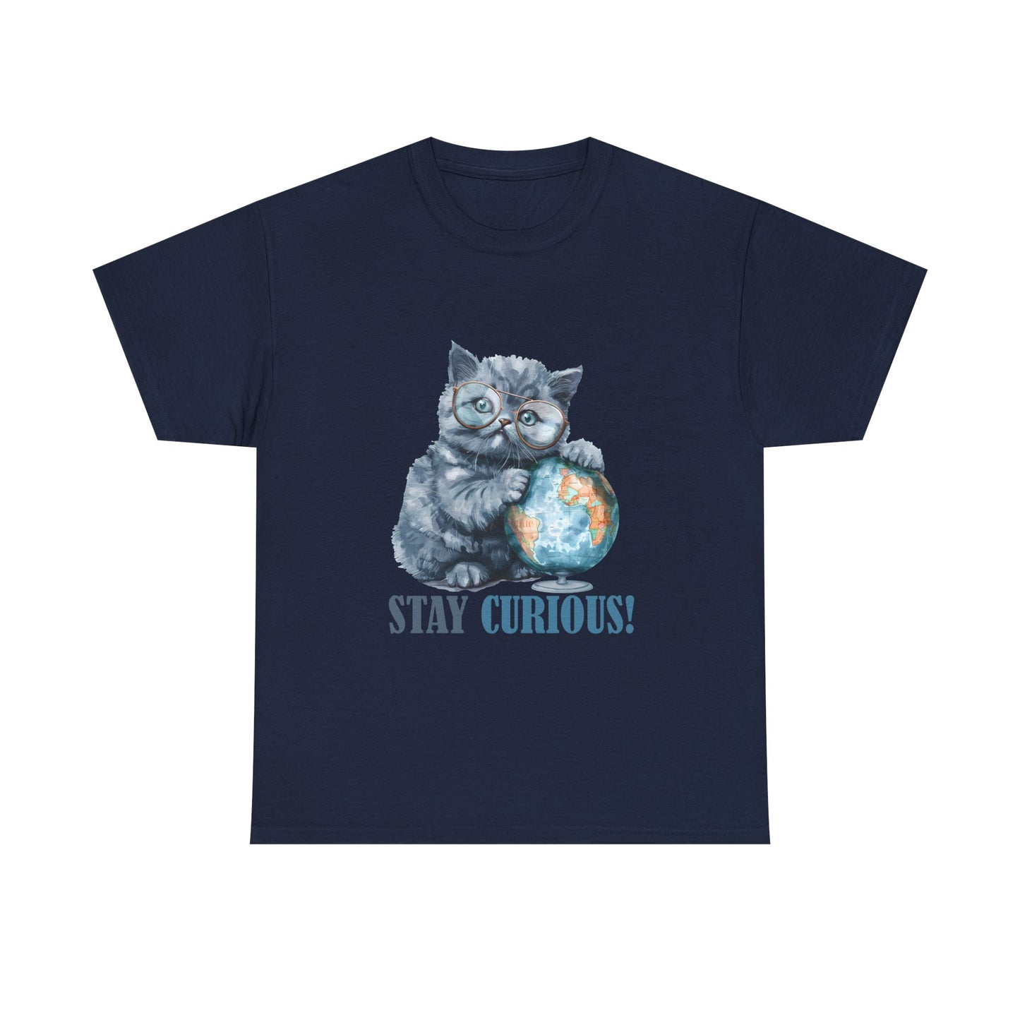 Cat & Globe T-Shirt — "Stay Curious!" Cute Explorer Kitten Tee